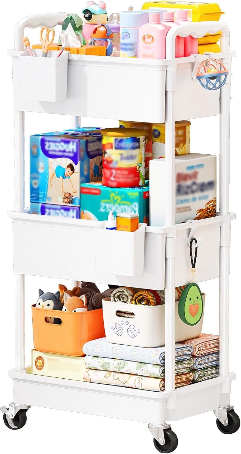SUNALLY Baby Diaper Caddy Cart, 3 Tier Rolling Diaper Cart with Lockable Wheels for Nursery Essentials, Large Capacity & Easy Assemble Diaper Storage Organizer for Newborn,New Mom, White