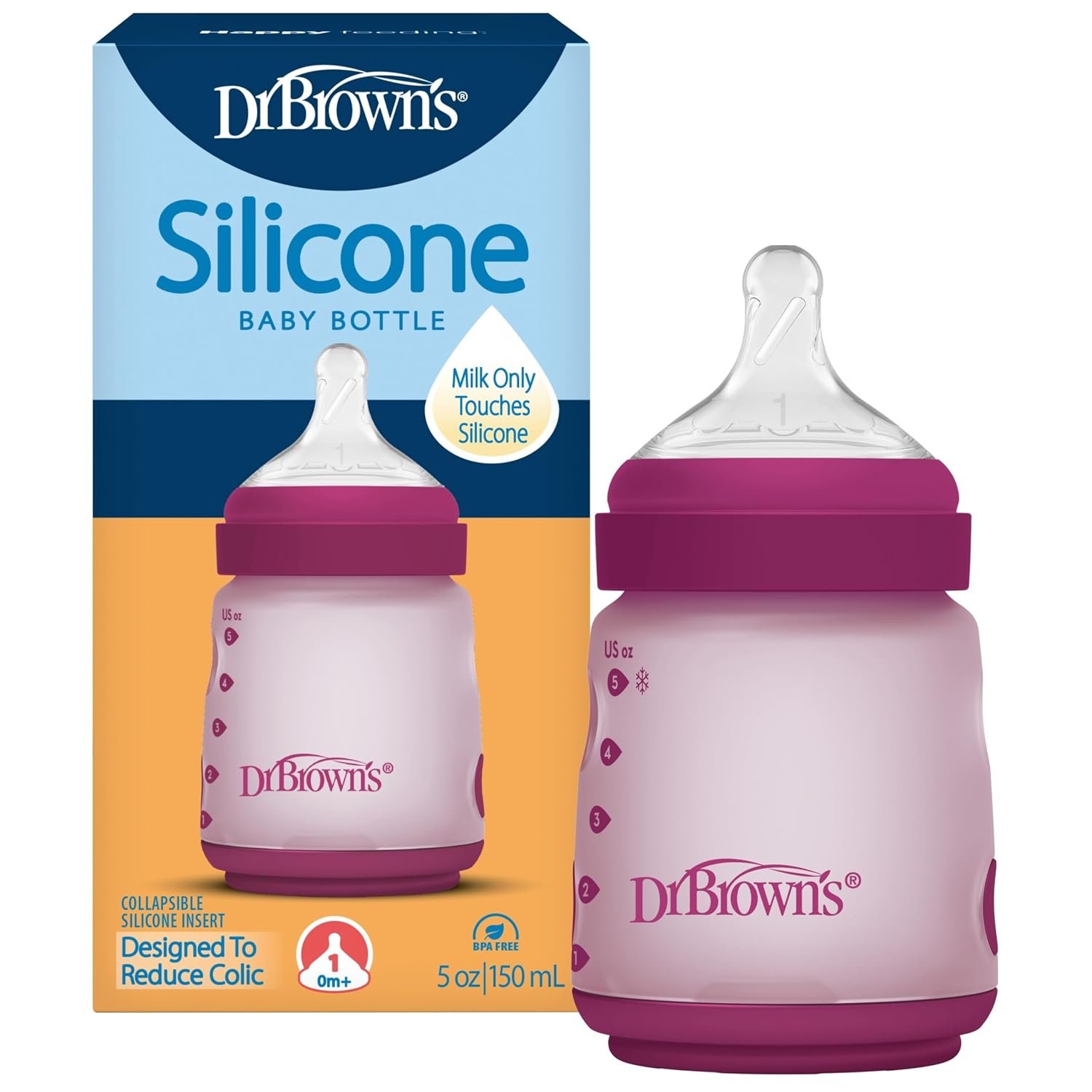 Dr. Brown’s Silicone Baby Bottle with Collapsible Insert Designed to Reduce Colic, 5 oz with Wide-Neck Level 1 Slow Flow Nipple, BPA-Free, 0m+, Pink, 1-Pack