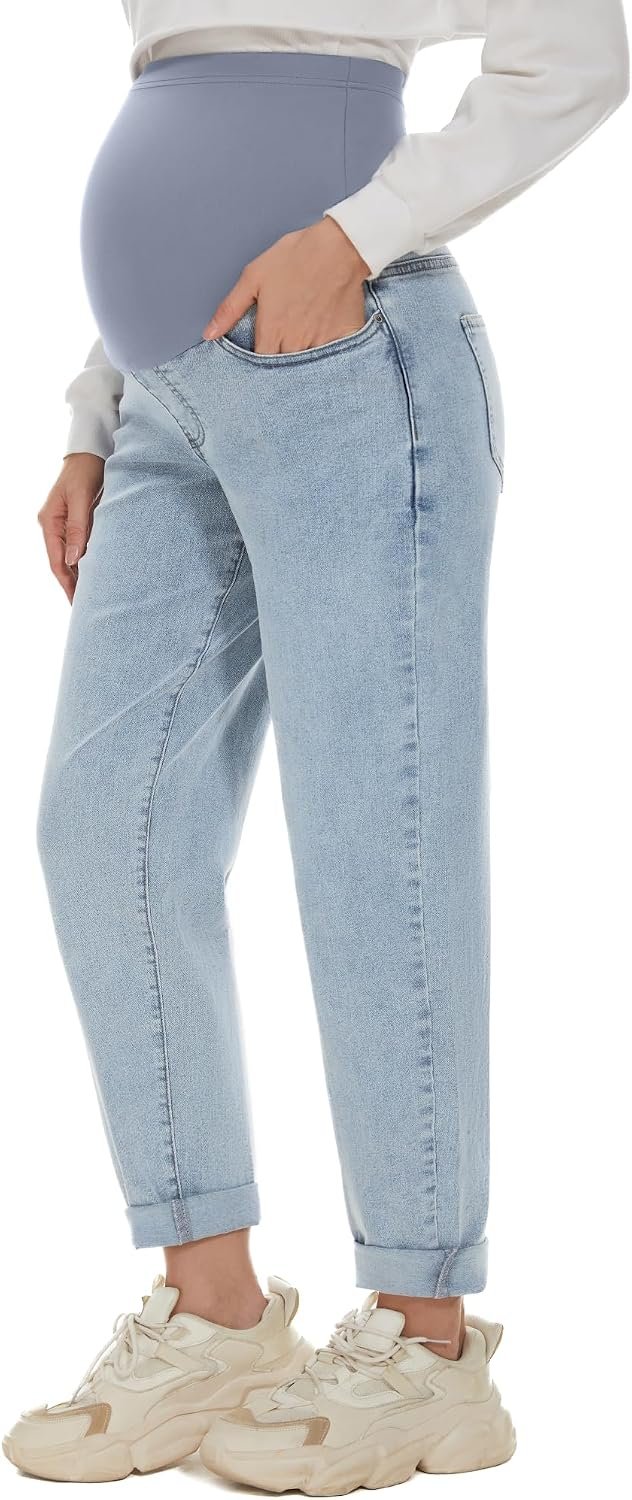 POSHGLAM Women’s Maternity Boyfriend Jeans Over Belly Stretch Comfy Loose Casual Denim Pants with Pockets for Everyday Wear