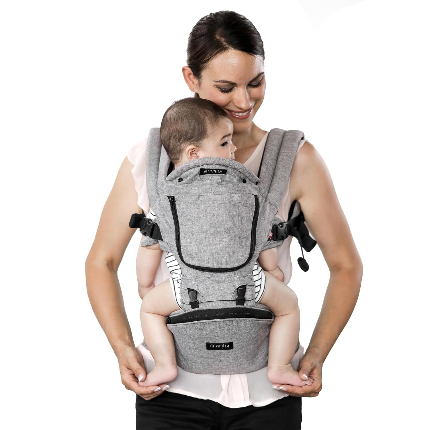 MiaMily Ergonomic Hip Seat Baby Carrier, 6 Carry Positions, Newborn to Toddler, Lumbar Support, Adjustable Waist Belt, Hipster Plus, Stone Grey