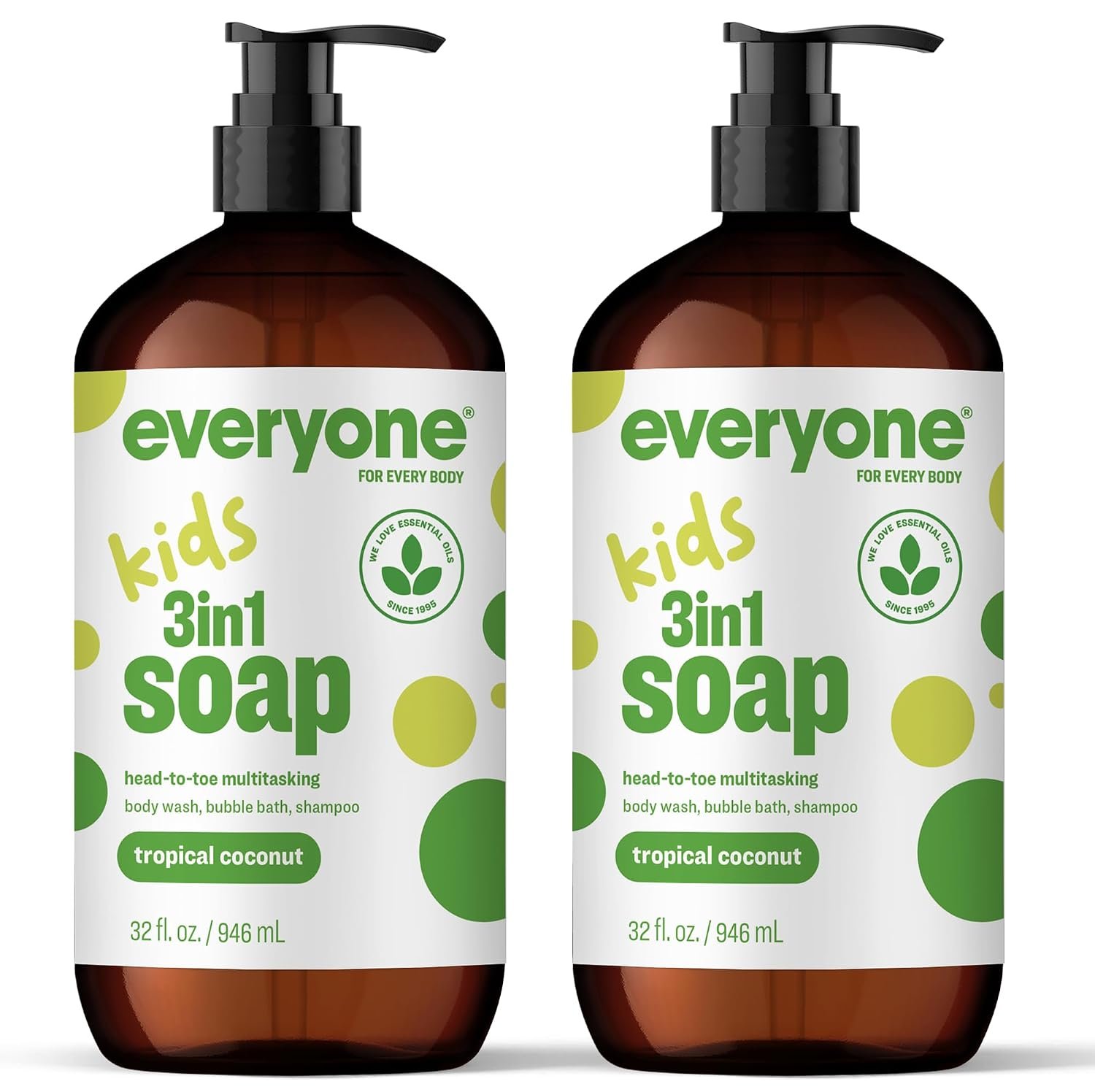 Everyone 3-in-1 Kids Soap, Body Wash, Bubble Bath, Shampoo, 32 Ounce (Pack of 2), Tropical Coconut, made with Essential Oils for Toddlers, Tweens and Teens