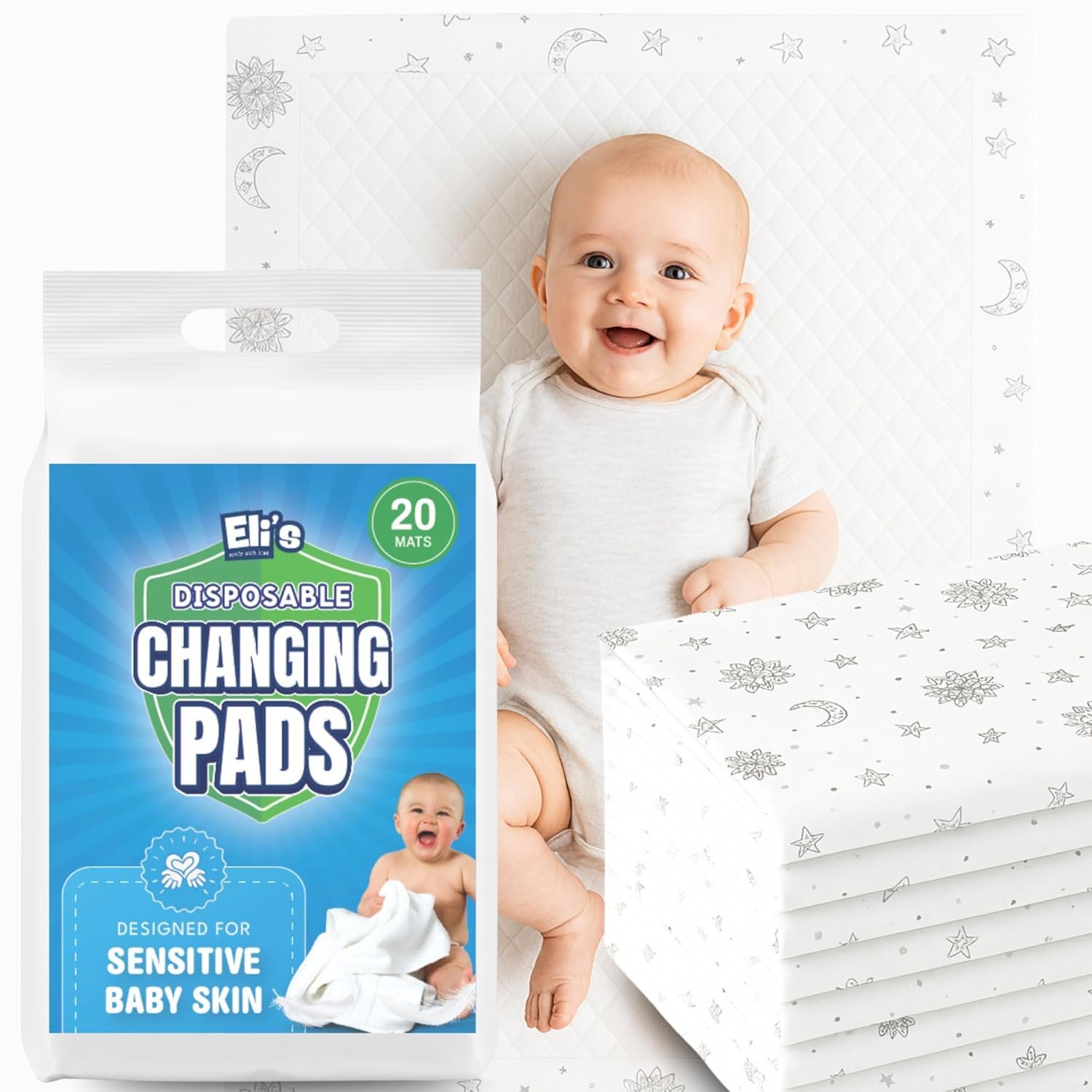 Eli with Love Disposable Baby Changing Pads – Soft, Waterproof & Leakproof Liners Absorbent Underpads – Large Travel Size Diaper Changing Mat for Home, Car, Diaper Bag – (20 Pack, Boho)