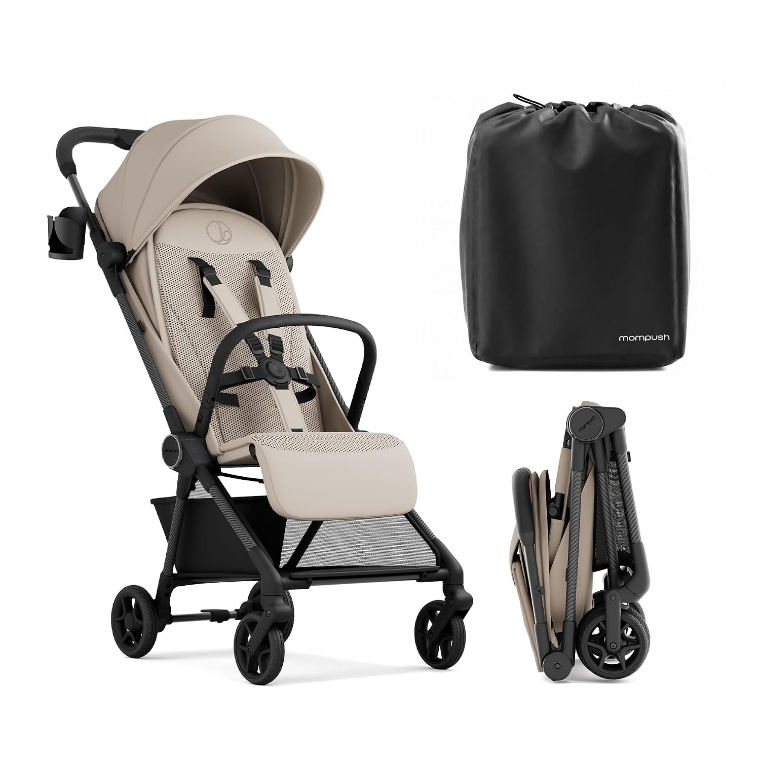 Mompush Nexis Carbon Travel Stroller, Ultra-Lightweight 11.5 lbs, Compact & Airplane Carry-On Approved, One-Second Auto-Fold, One-Hand Full Recline, from Birth to 50 lbs, JPMA Certified, Khaki