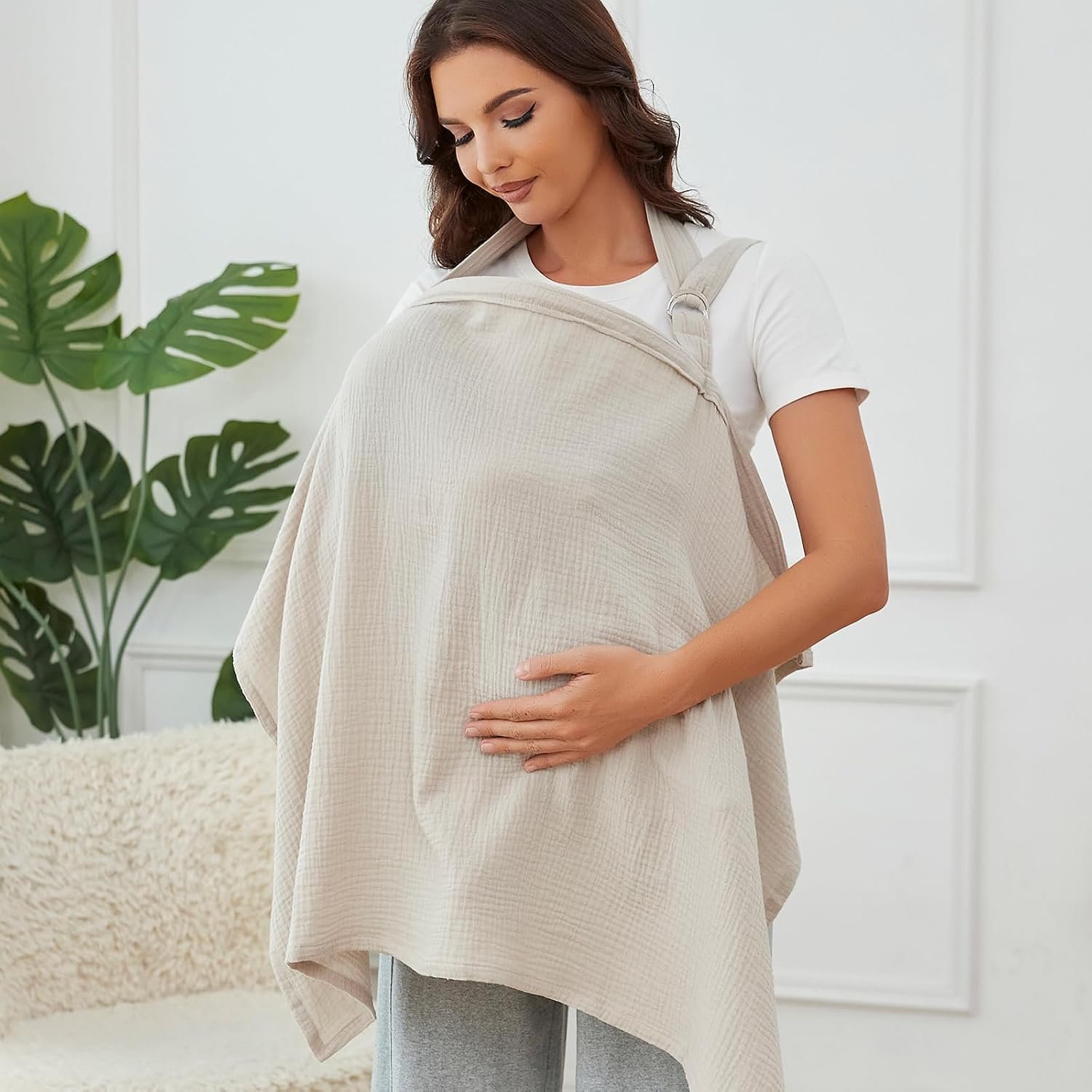 Muslin Nursing Cover for Breastfeeding, Breathable 100% Cotton Privacy Nursing Covers with Rigid Hoop for Mother Nursing Apron, Soft Arch Neckline Nursing Apron (Summer Wheat)