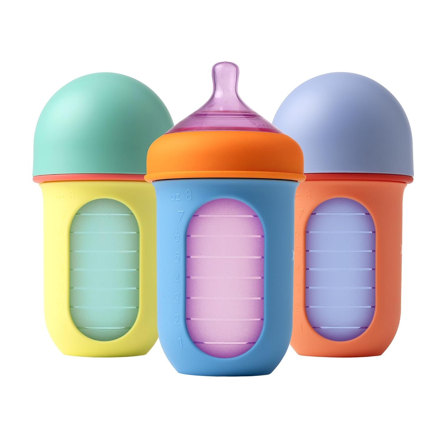 Boon Nursh Bottles – Silicone Baby Bottles Help Ease Colic Symptoms – Reusable Food-Grade Silicone Pouches with Polypropylene Shell – Medium Flow – 8 Oz – Color Block