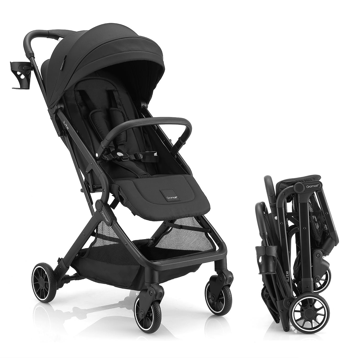 Gromast Compact Fold Baby Stroller, Lightweight Travel Toddler Stroller with One-Click Fold, Extendable UPF50+ Canopy, Cup Holder, UV Protected and Waterproof, One-Hand Folding – Black