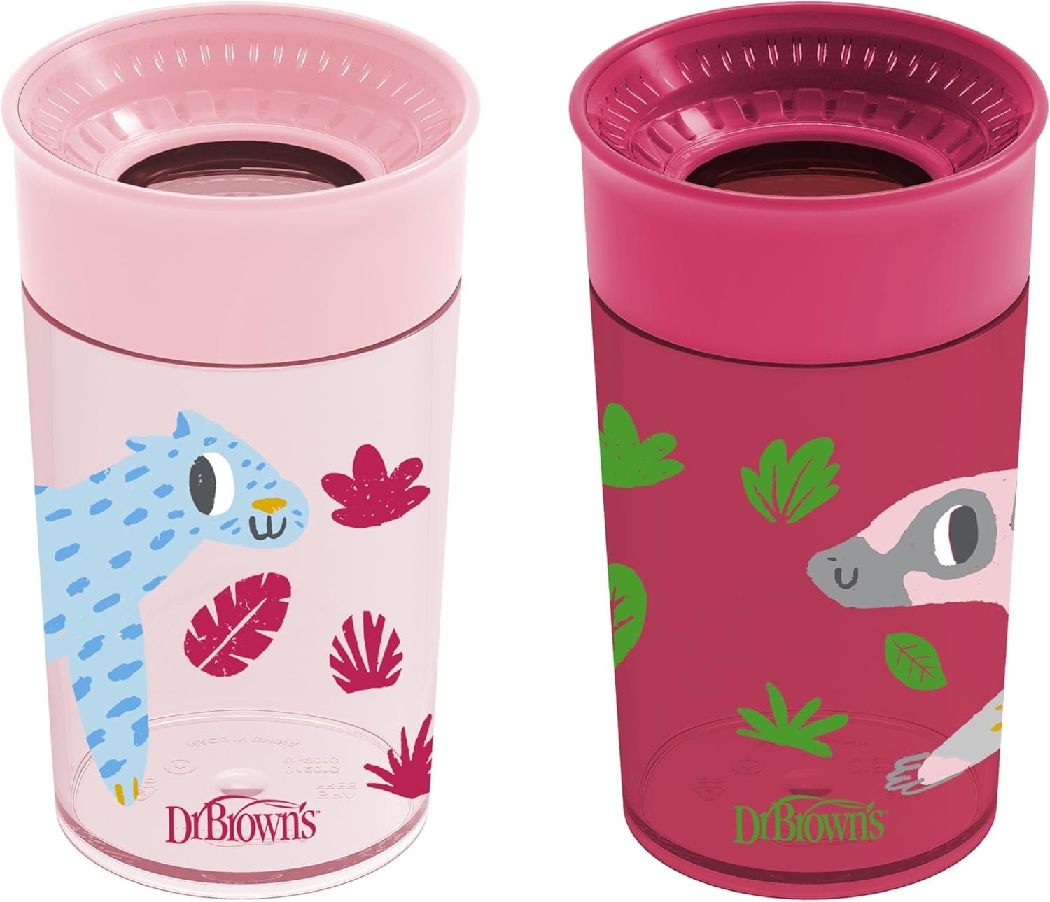 Dr. Brown’s Milestones Cheers 360 Cup Spoutless Transition Cup, Travel Friendly & Leak-Free Sippy Cup, Pink Leopard – Red Lemur, 10 oz/300 mL, 2 count (1 pack)