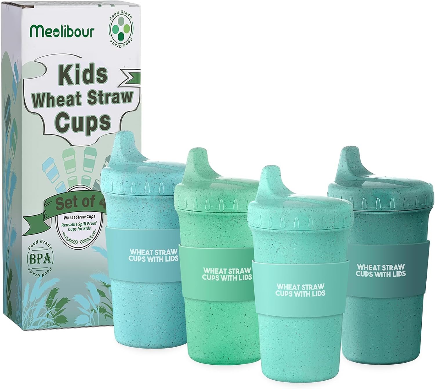 Meolibour 4 Packs Wheat Straw Sippy Cups for Toddlers Kids, Reusable Plastic Spill Proof Cups for Kids Baby, Dishwasher/Microwave Safe – Unbreakable Hard Spout Sippy Cups for Toddlers