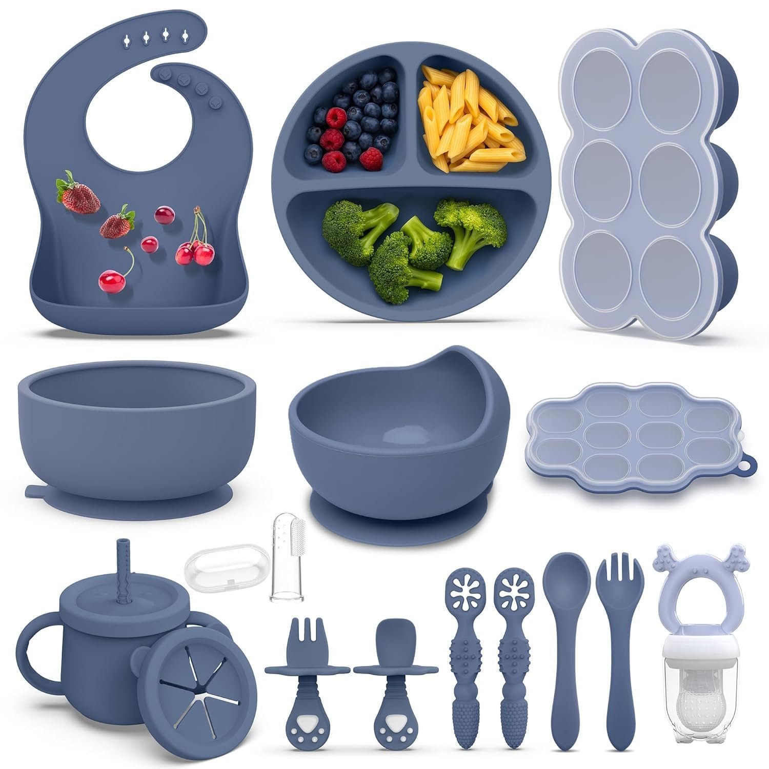 16 Pack Silicone Baby Feeding Set, BPA-Free Baby LED Weaning Supplies, Include Suction Plates, Baby Bowls, Silicone Fork & Spoon, and More, First Stage Baby Food Eating Utensils – 6+ Months(Blue, 16)