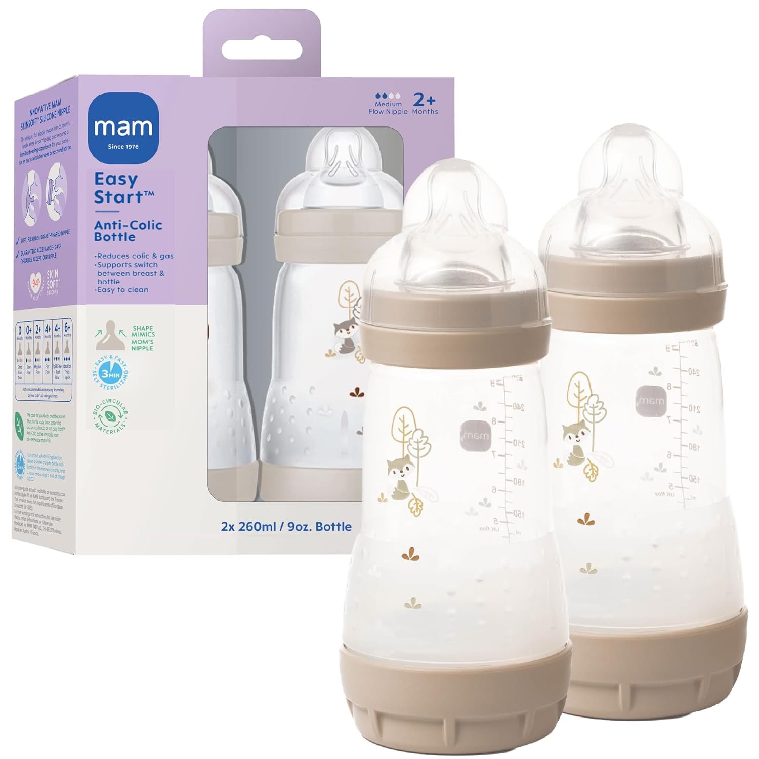 MAM 9oz Easy Start Anti-Colic+ Wide Neck Vented Baby Bottle, Medium Flow Breastfeeding-Like Nipple, Reduces Colic Gas & Reflux, Easy to Clean, BPA Free, 2+ Months, Made in Europe, 2 Pack, Unisex
