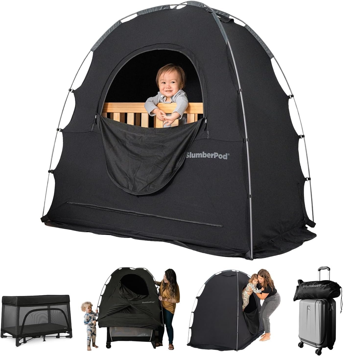 SlumberPod The Original Blackout Sleep Tent Travel Essential for Babies and Toddlers, Mini Crib and Pack N Play Cover, Sleep Pod for Kids with Monitor Pouch and Fan Pouch, Blocks 99% Light, Black