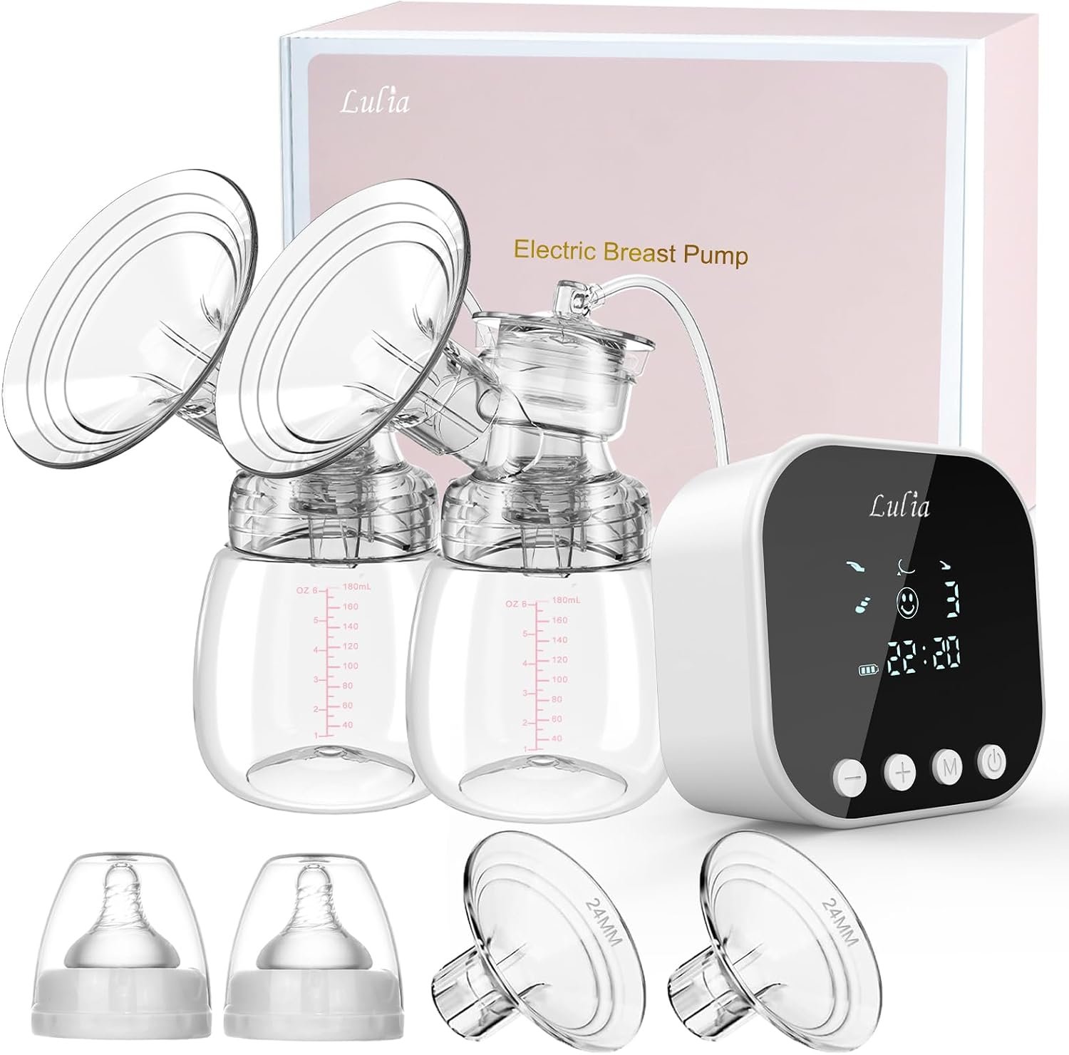 Lulia Double Electric Breast Pump, Breastfeeding Pump 4 Modes & 9 Levels, Low Noise, Anti-Backflow & LED Display, BPA Free, Portable Breast Pumps with 24mm Flange