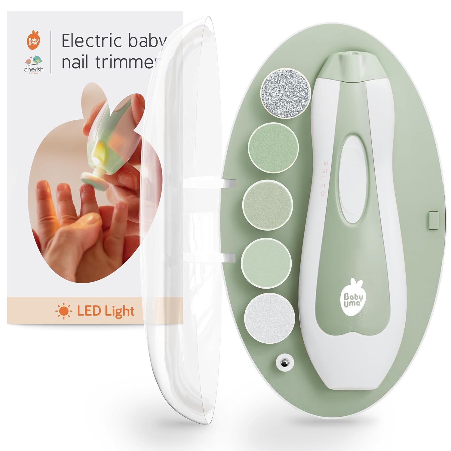 Cherish Baby Care LED Baby Nail Trimmer Electric – Auto-Safety Stop Baby Nail Clippers, Bi-Directional Electric Baby Nail File with 2 Speeds & 6 Filing Discs, Newborn Essentials (+ Travel Case)
