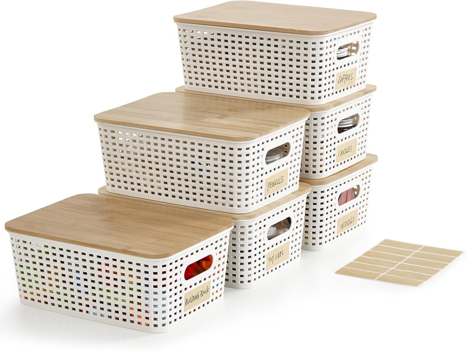 Bagnizer Small Plastic Storage Bins with Bamboo Lids 5.2qt Stackable Box Basket Pantry Decorative Containers Cute with Labels for Organizing Desktop Closet Office Cream White of 6 packs 10*7.2*4.1″