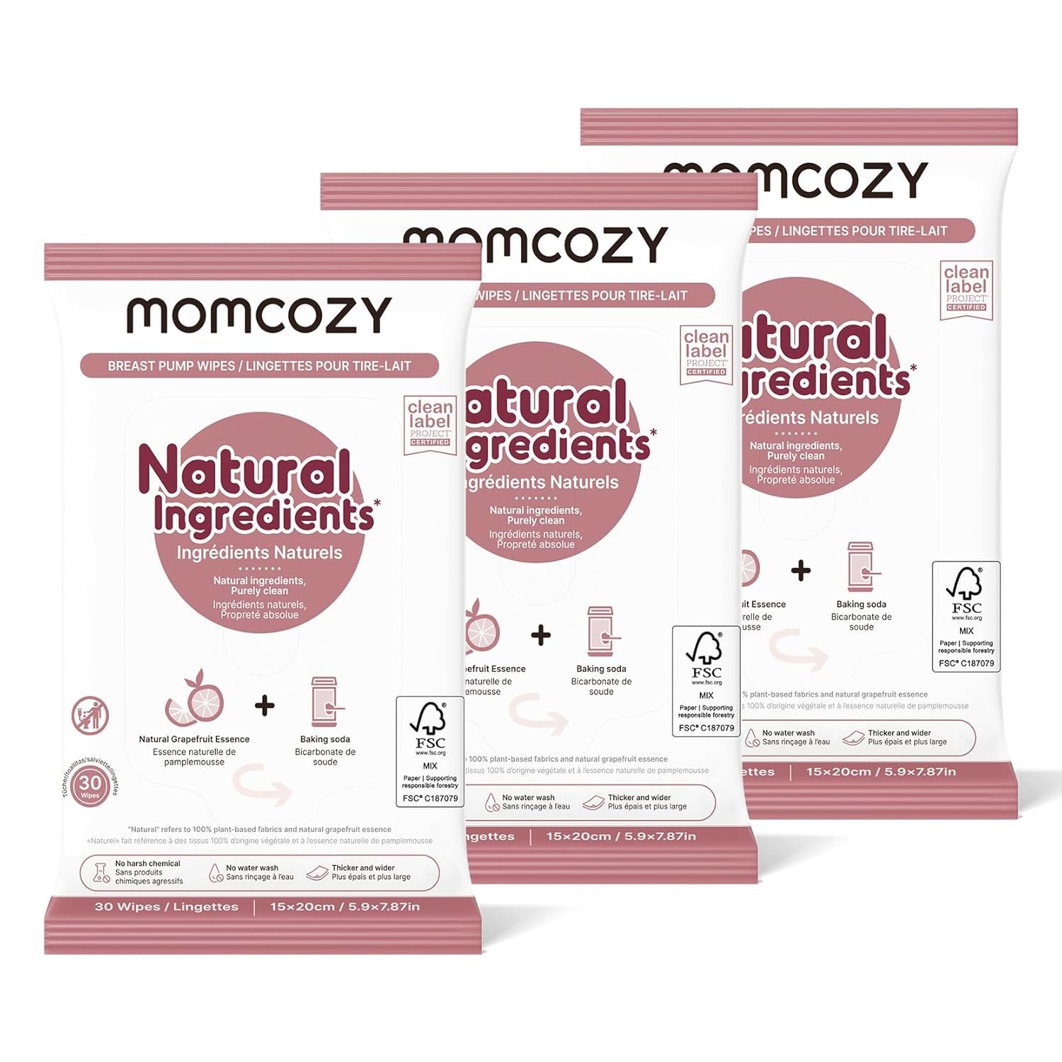 Momcozy Natural Breast Pump Wipes for Pump Parts Cleaning On-the-go, 30 Count (Pack of 3), Flash Clean & Resealable Pump Wipes