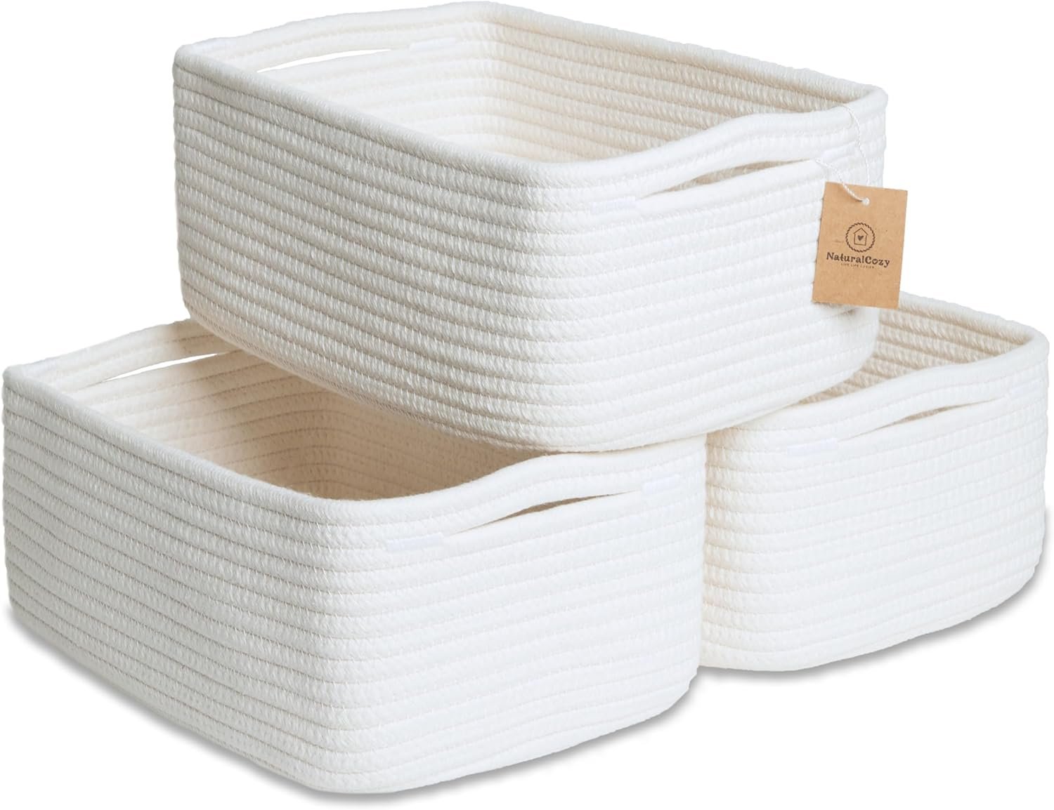 NaturalCozy 11.8″x8″x4.5” Storage Baskets for Shelves 3 Pack | Cotton Rope Woven Small Baskets for Organizing | Small Storage Bins for Nursery, Bathroom, Closet, Cube Shelf, Decorative, Gift Basket