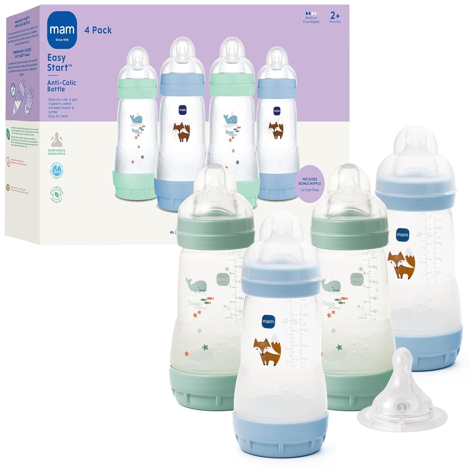 MAM 9oz Easy Start Anti-Colic+ Wide Neck Baby Bottle, Medium Flow Breastfeeding-Like Nipple, Reduces Colic Gas & Reflux, Easy To Clean, BPA Free, 2+ Months, Made In Europe, Bonus Fast Flow Nipple, Boy