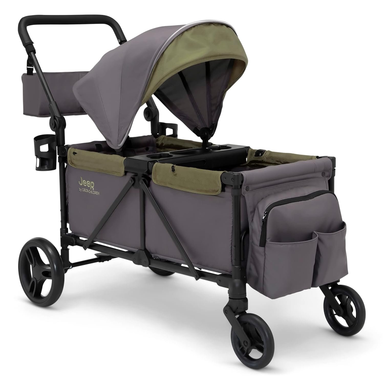 Jeep Sport All-Terrain Stroller Wagon by Delta Children – Includes Canopy, Parent Organizer, Adjustable Handlebar, Snack Tray & Cup Holders, Grey/Olive Green