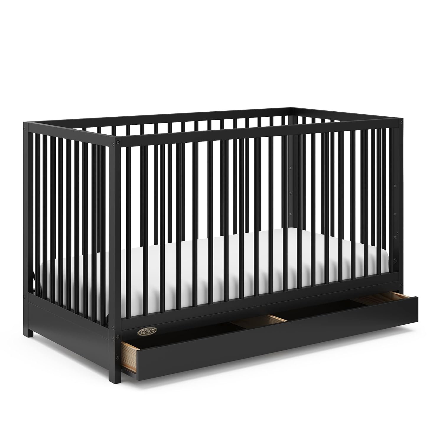 Graco Teddi 5-in-1 Convertible Crib with Drawer – GREENGUARD Gold Certified, Full-Size Nursery Storage Drawer, Baby Crib Converts to Toddler Bed, Daybed and Full-Size Bed (Black)