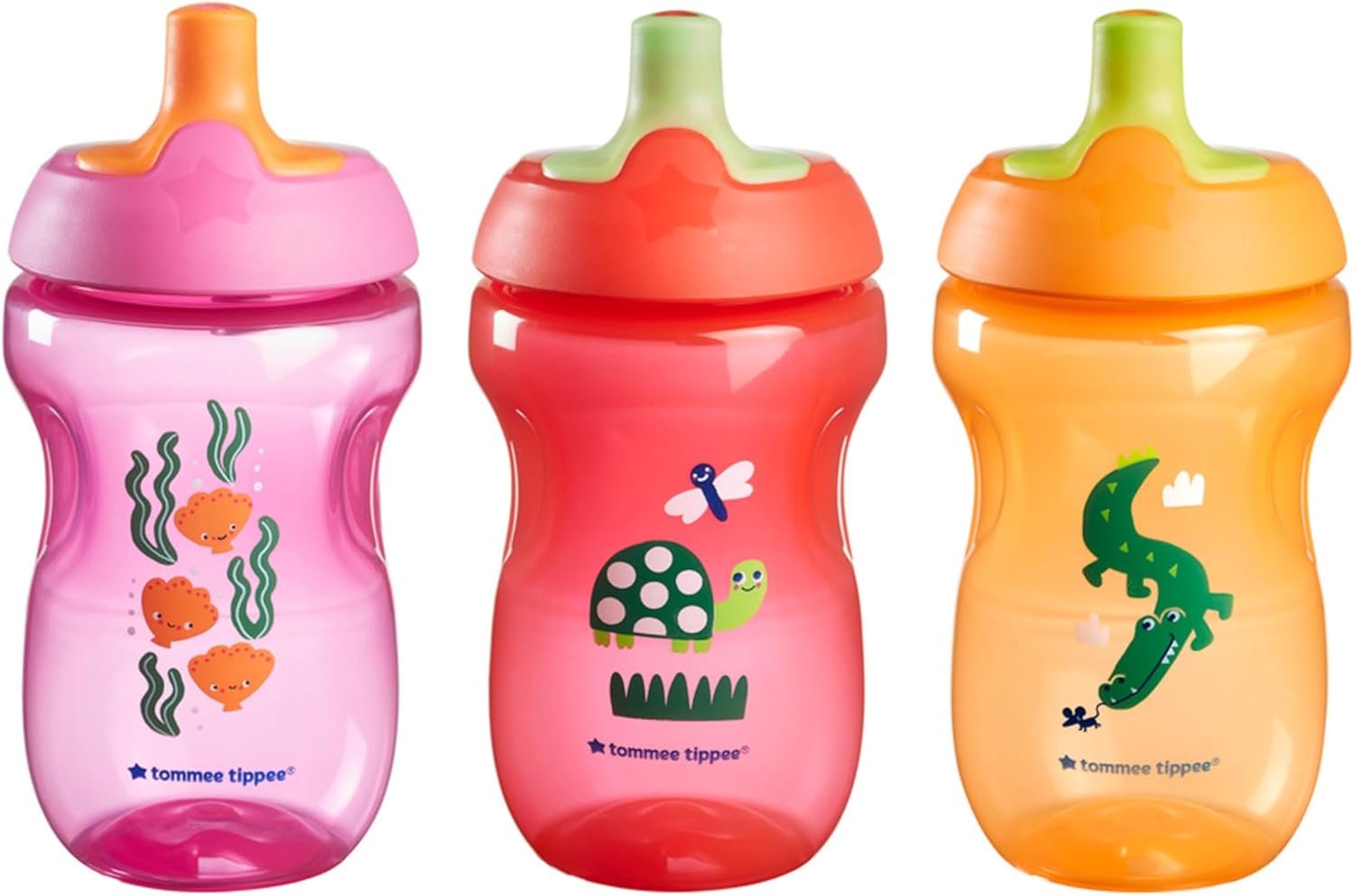 Tommee Tippee Sporty Bottle, 10oz Sippy Cups for Toddlers 1-3, Spill-Proof, Bite Resistant Spout, Easy to Hold Design, BPA Free, Pack of 3, Pink, Red and Orange