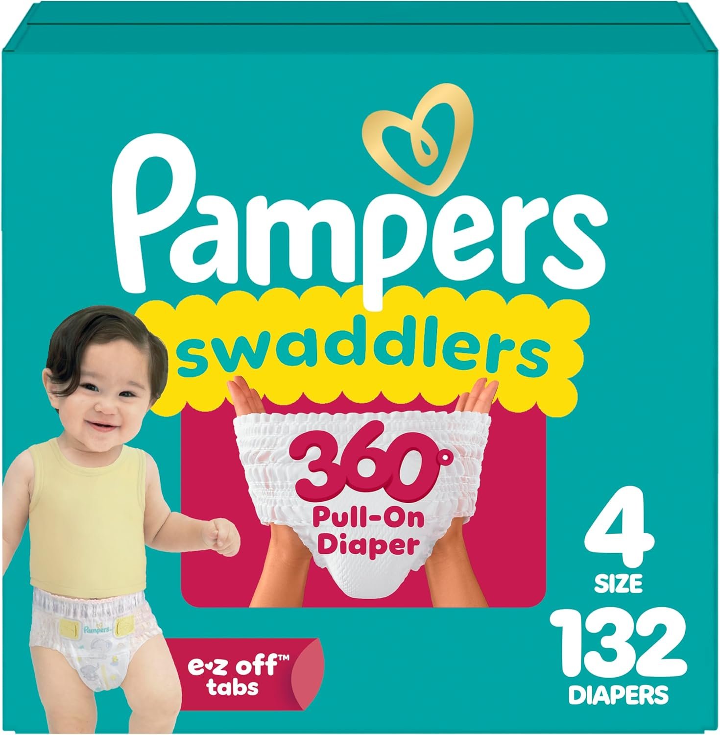 Pampers Diapers – Swaddlers 360° – Size 4, 132 Count, up to 100% Leakproof Comfy Dry Fit, Designed for Easy Changes, Pull On Baby Diaper (Packaging May Vary)
