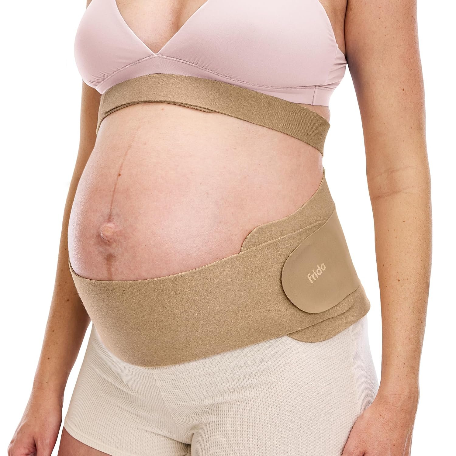 Frida Mom Dual Support Pregnancy Belly Band S/M, Maternity Belly Band with Ultimate Support Back, Hip & Pelvic, Adjustable, Lightweight, Breathable & Comfy, Supports Bump as Baby Grows, Clay