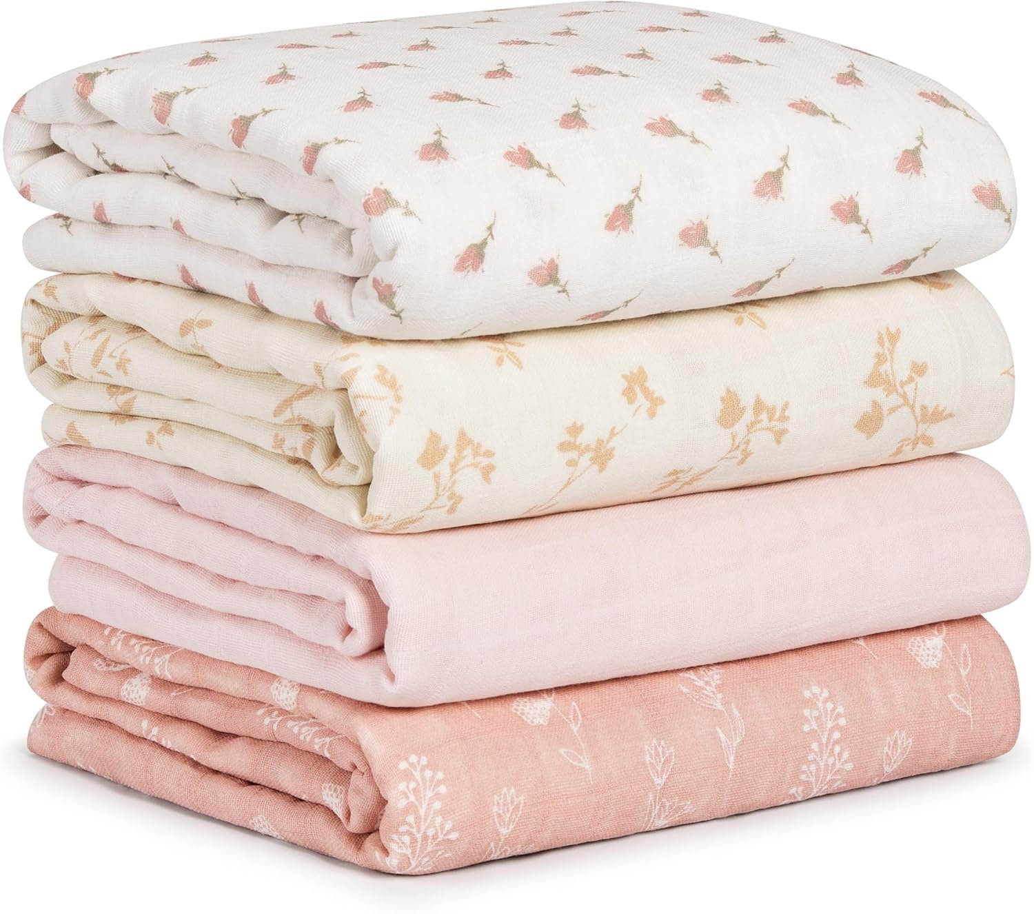 Muslin Swaddle Blankets for Newborn, 4 Pack Cotton Baby Blankets for Girls, Large 31.5 x 43.3 Breathable Soft Receiving Blanket, Essentials Swaddle Wrap Burping Clothes, Flowers