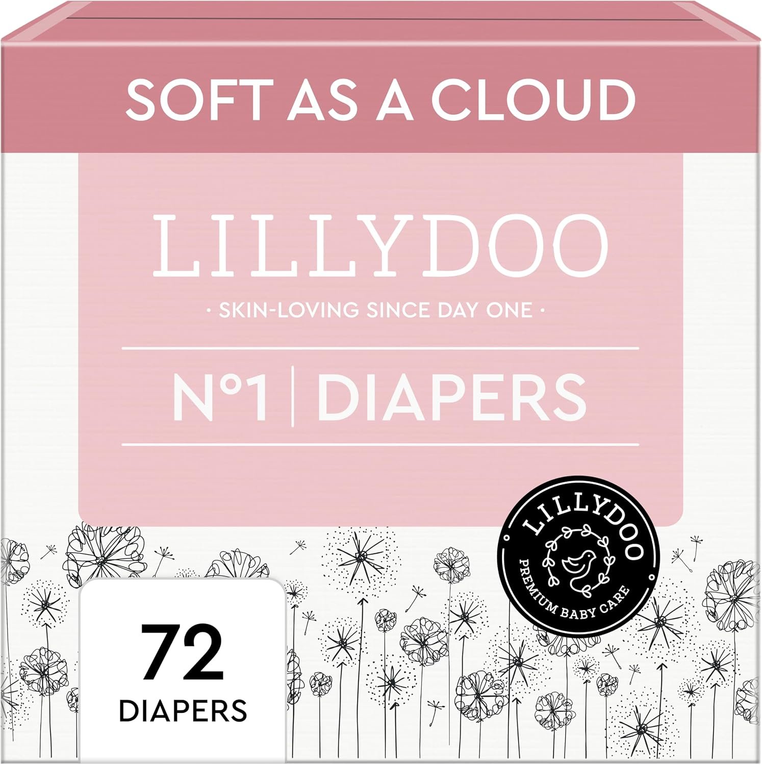 LILLYDOO Disposable Baby Diapers, Size 1 (4+ lbs), 72 Count, Absorbent Leak Protection, Ultra Soft, Sensitive Skin, Hypoallergenic, Fragrance-Free, Dermatologist Tested