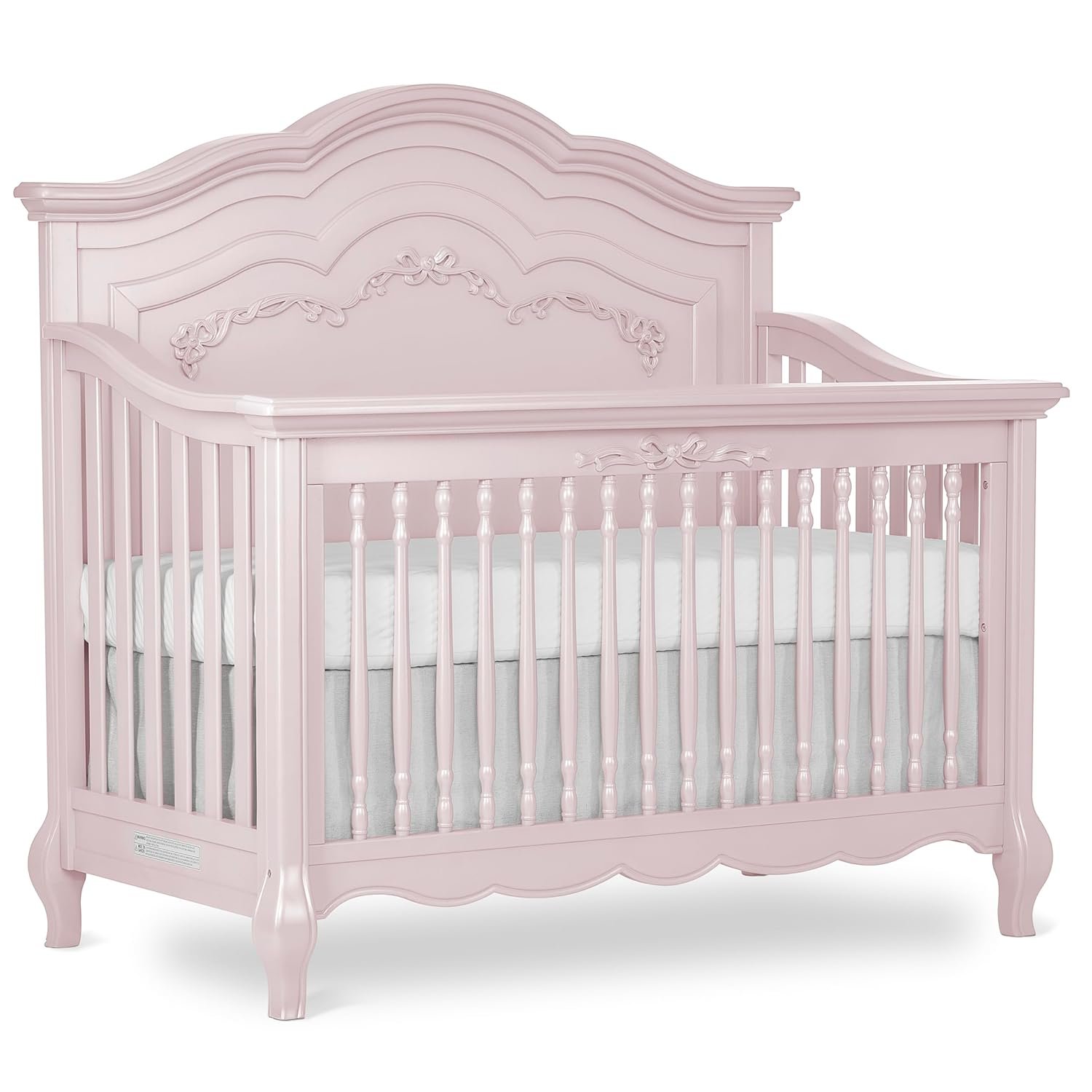 Evolur Aurora 5-in-1 Convertible Full-Size Baby Crib in Dusty Rose, 3 Mattress Heights, Ribbon Bow Scrollwork & Queen Anne Feet, Converts to Toddler, Day & Full-Size Bed