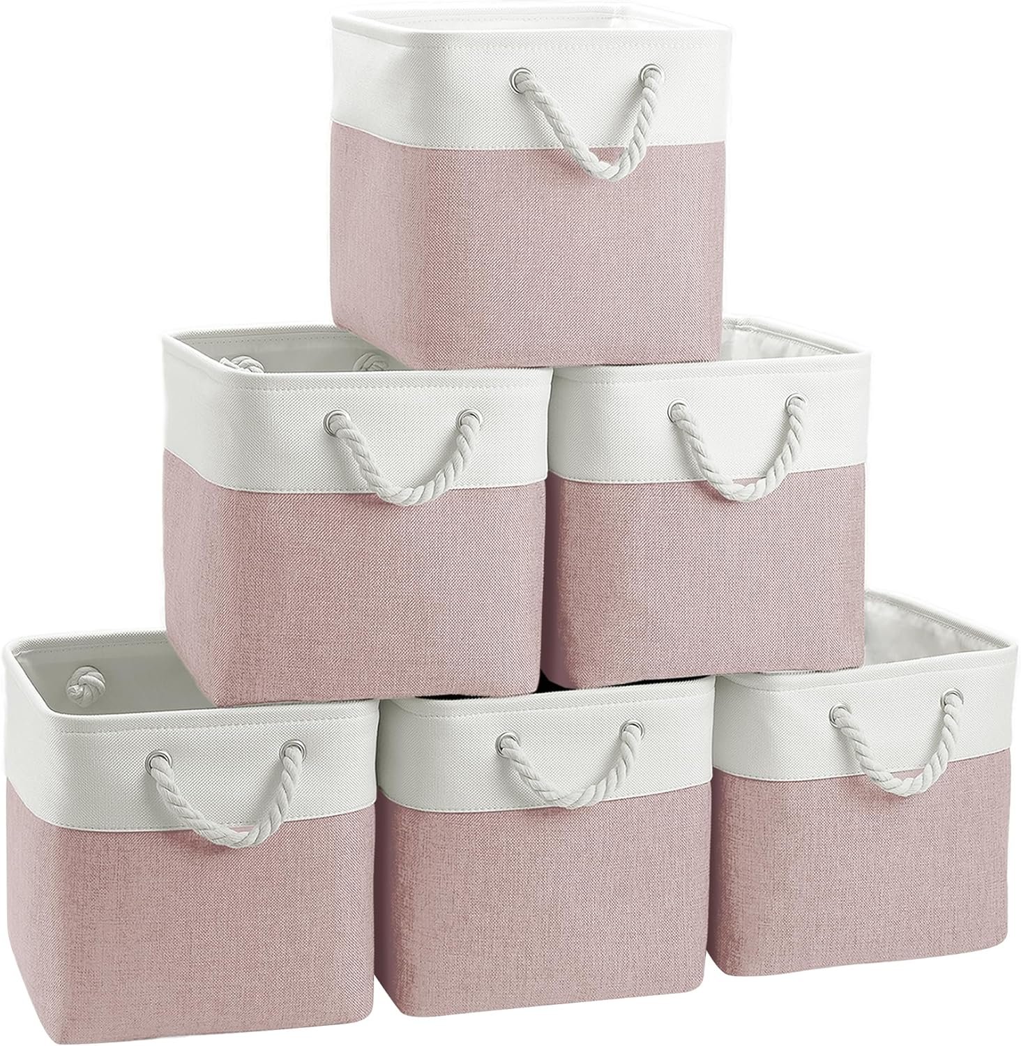 FinishingBo Cube Storage Bins, 6 Pack 11×11 inch with Cotton Handles for Closet, Shelves, Clothes, Towel (White/Pink)