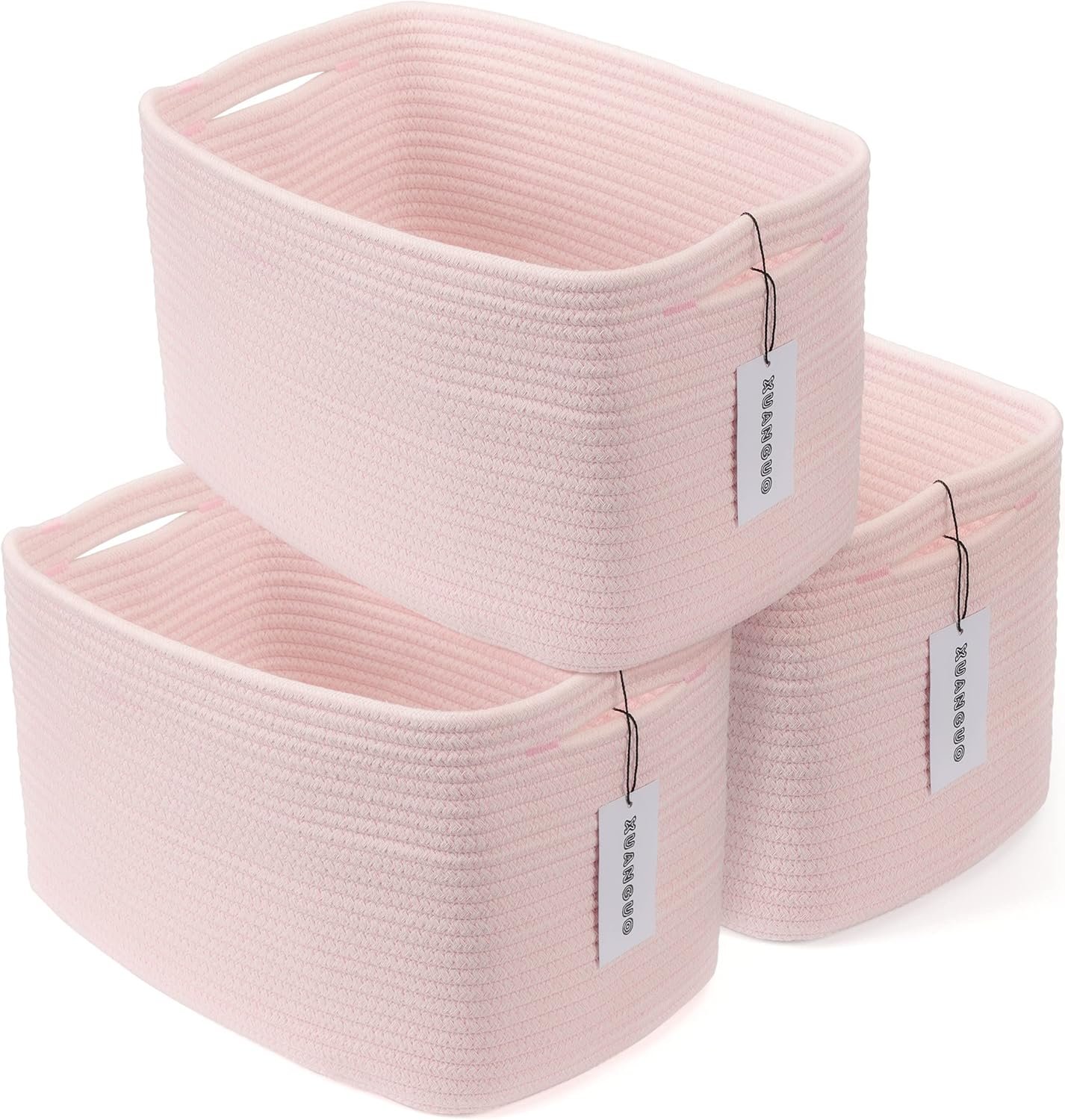 Cotton Rope storage Basket Bins Woven Basket for Organizing Shelves 15X10X9.3″ Rectangle Decorative Baskets For storage Clothes Toys Books Towels Nursery basket organizer 3 pack light pink
