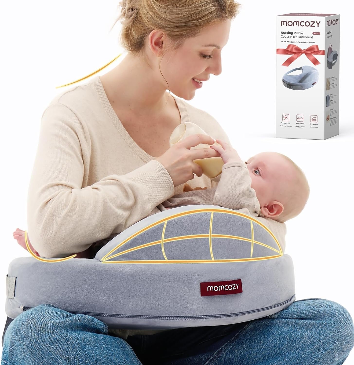 Momcozy Innovative Safety Guard Nursing Pillow – Firm & Springy Memory Foam – Stable, Ergonomic Support & Comfort – Wider Breastfeeding Cushion, Adjustable, Removable Cover, Baby Safety Certified