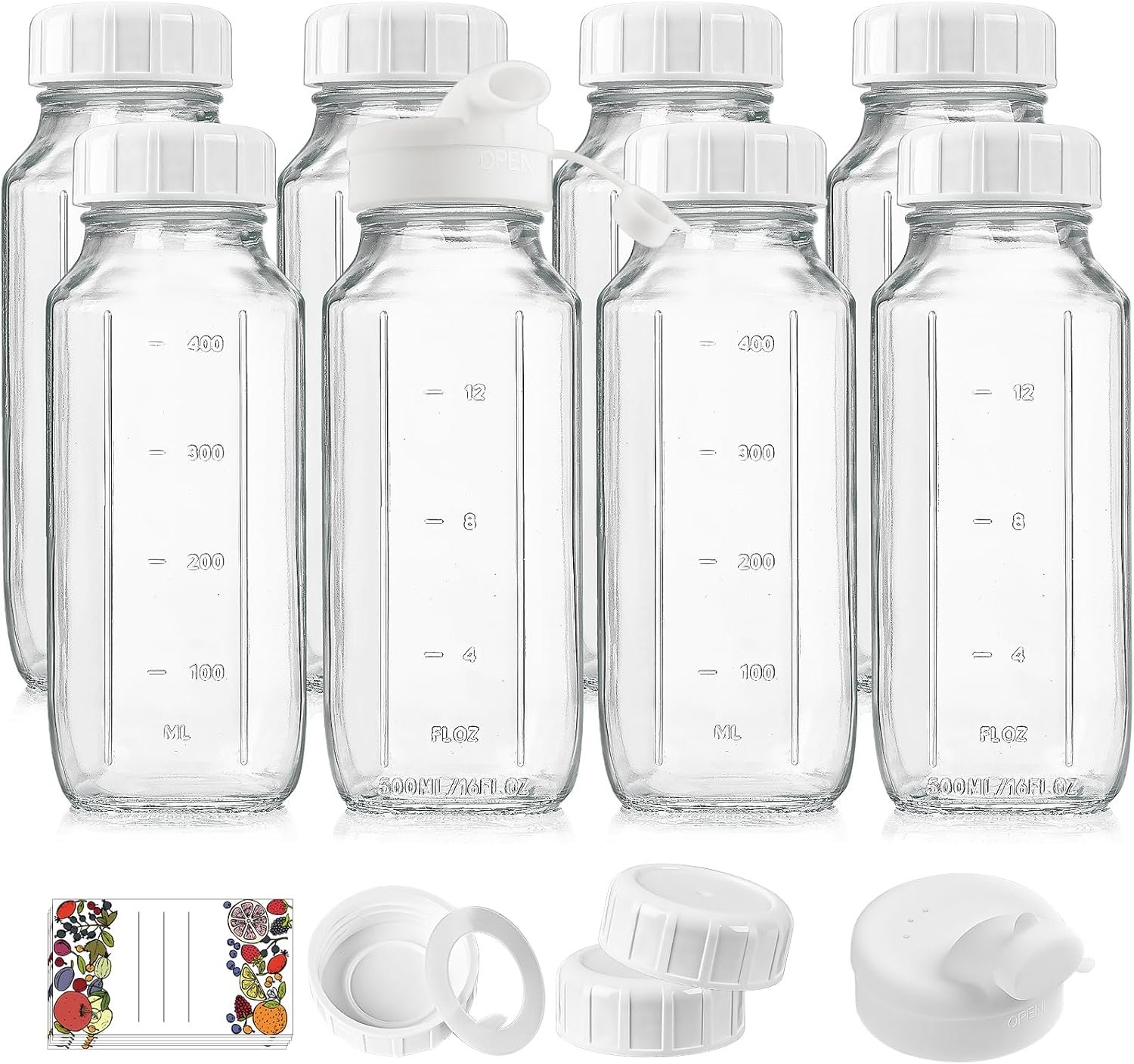 8 Pack 16 Oz Reusable Glass Milk Bottles w 100% Airtight Heavy Duty SCREW Lid & 2 Pour Spouts – Glass Juice Bottles w Capacity Mark – Beverage Drinking Jar Juice Container Breast Milk(Extra 2 Lids)