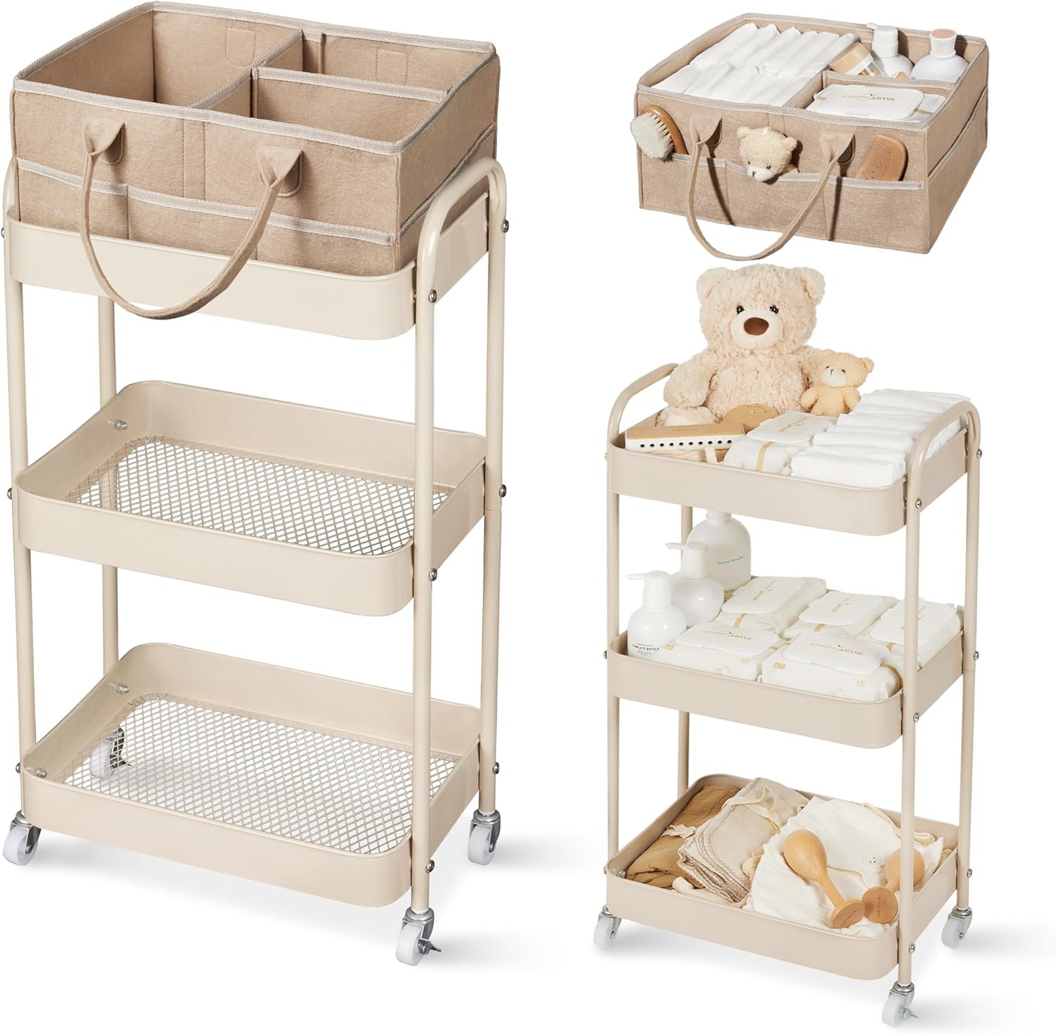 Fortella Baby Diaper Caddy, 3 Tier Rolling Storage Cart for Baby Essentials, Diaper Cart with Detachable Dividers, Storage & Baby Bottle Organizer, Nursery Dresser for Bedroom, Living Room (Taupe)