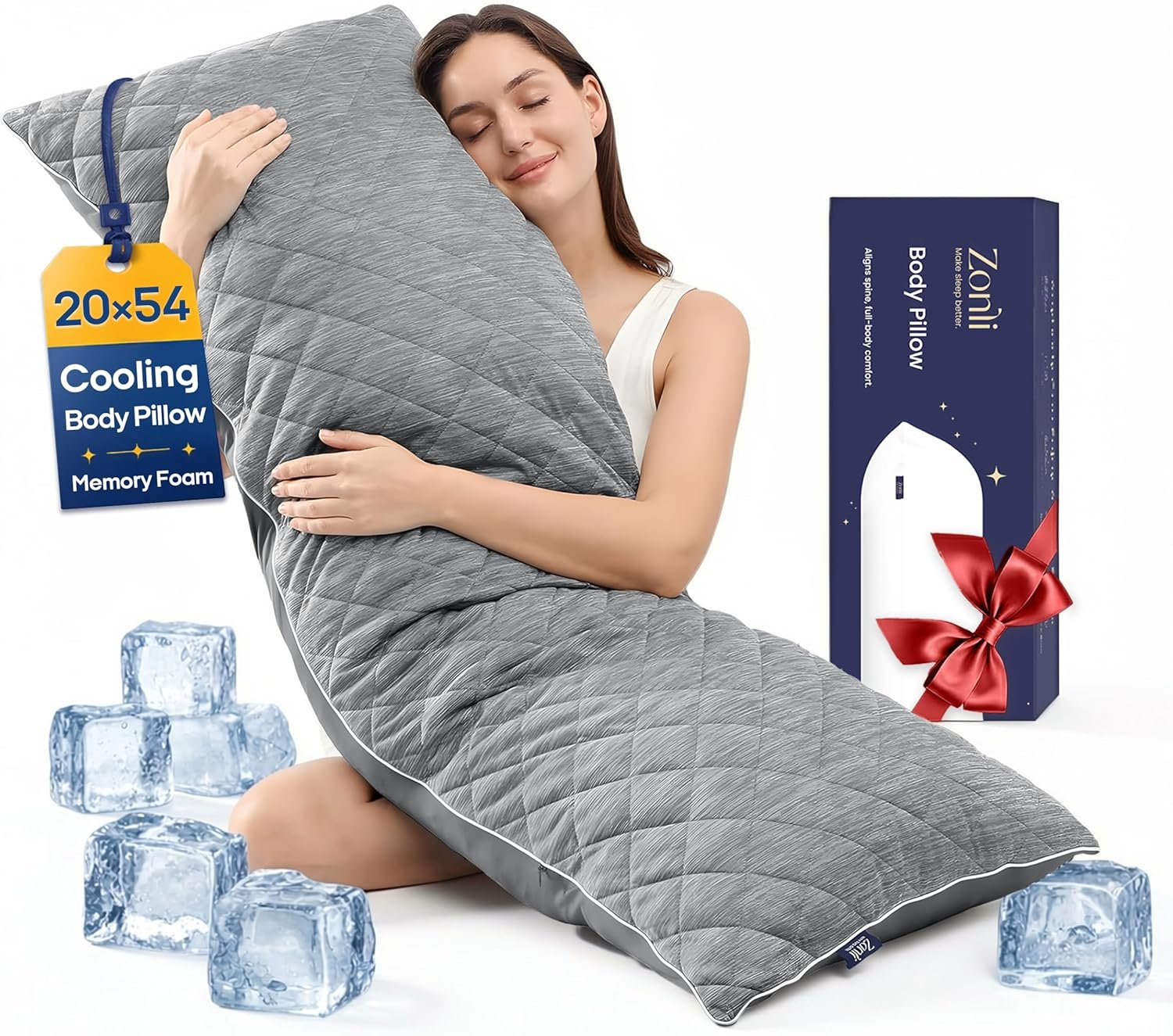 ZonLi Cooling Body Pillow for Adults Side Sleeper & Pregnancy – Memory Foam Insert Long Body Pillow 20 x 54 Inch with Washable Pillowcase, Gift for Men Women Grey