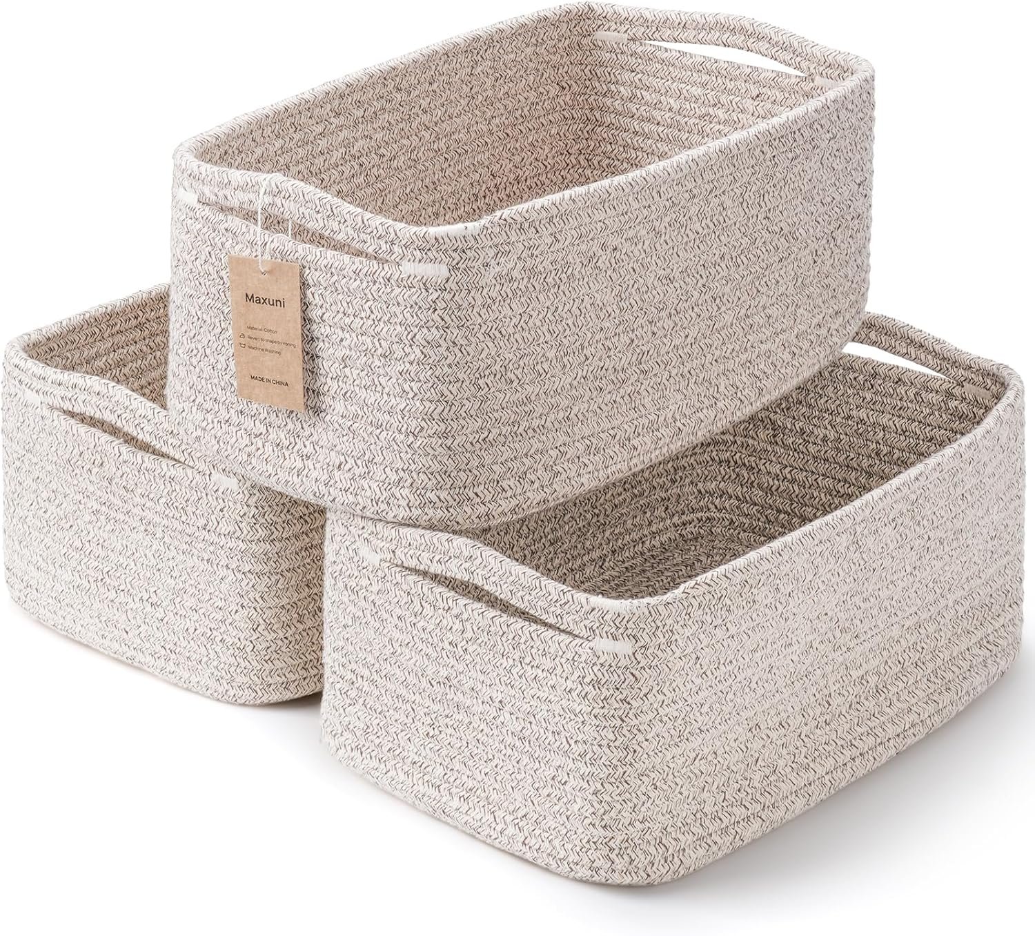 3-Pack Small Storage Baskets for Organizing | Woven Shelf Toy Basket | Rope Baskets for Gifts Empty | Closet Organizer Bins with Handles | Cube Decorative Box | 11.8×7.8×5.1” | Mixed brown