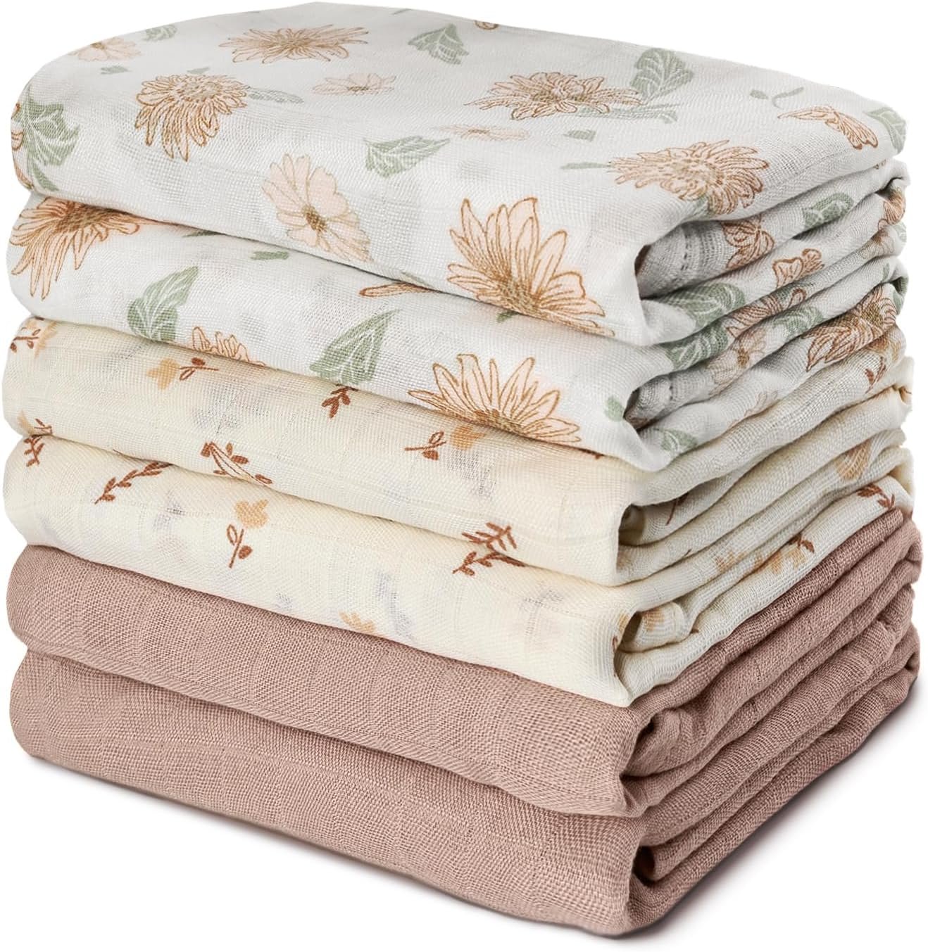 GLLQUEN BABY Receiving Blanket Boy Cotton Muslin Swaddle Blankets Girl Newborn Squares Breathable & Soft Thin Baby Blankets Cloths Double Absorbent Infant Swaddling Wrap – 6 Pack (Sunflower)