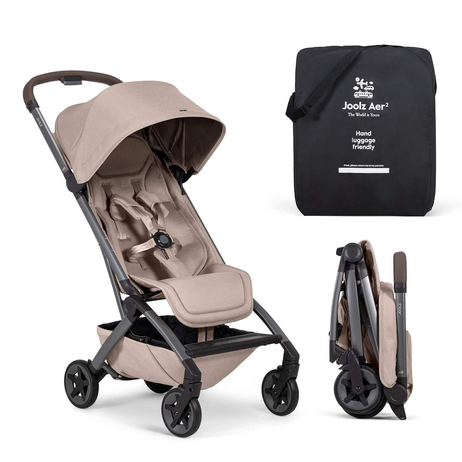 Joolz Aer2 Lightweight Travel Stroller for Baby & Toddler – One-Hand Fold, Compact Carry-On Airplane Approved, Reclining Seat, UPF 50+ Canopy, Travel Pouch, Baby Net – Sandy Taupe