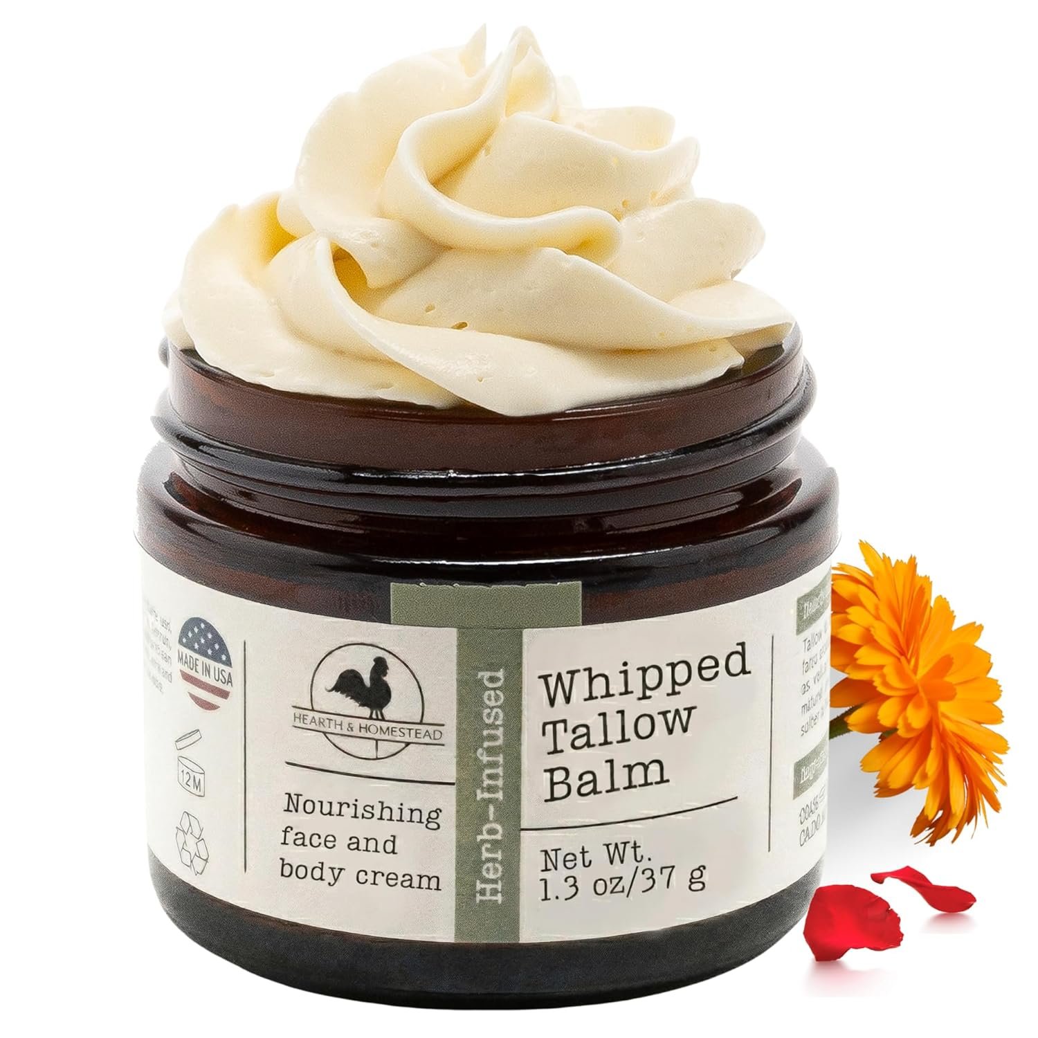 Hearth & Homestead Whipped Beef Tallow for Skin & Face – 100% Grass Fed, Eczema Cream & Body Butter – Organic Olive Oil, Calendula & Rose – Lotion & Hand Moisturizer for Dry Skin, Unscented, 1.3oz