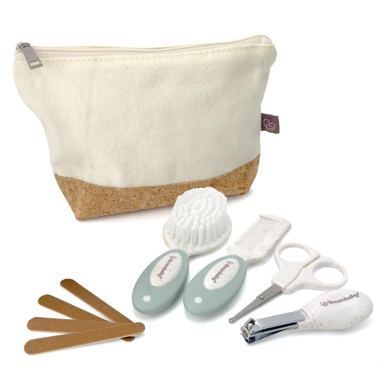 Dreambaby Neat and Tidy 9pc Baby Grooming Kit with Wheatgrass, Baby Hair Brush and Comb Set, Baby Essentials Baby Travel Essential in Cotton and Cork Bag, Eco Conscious Design