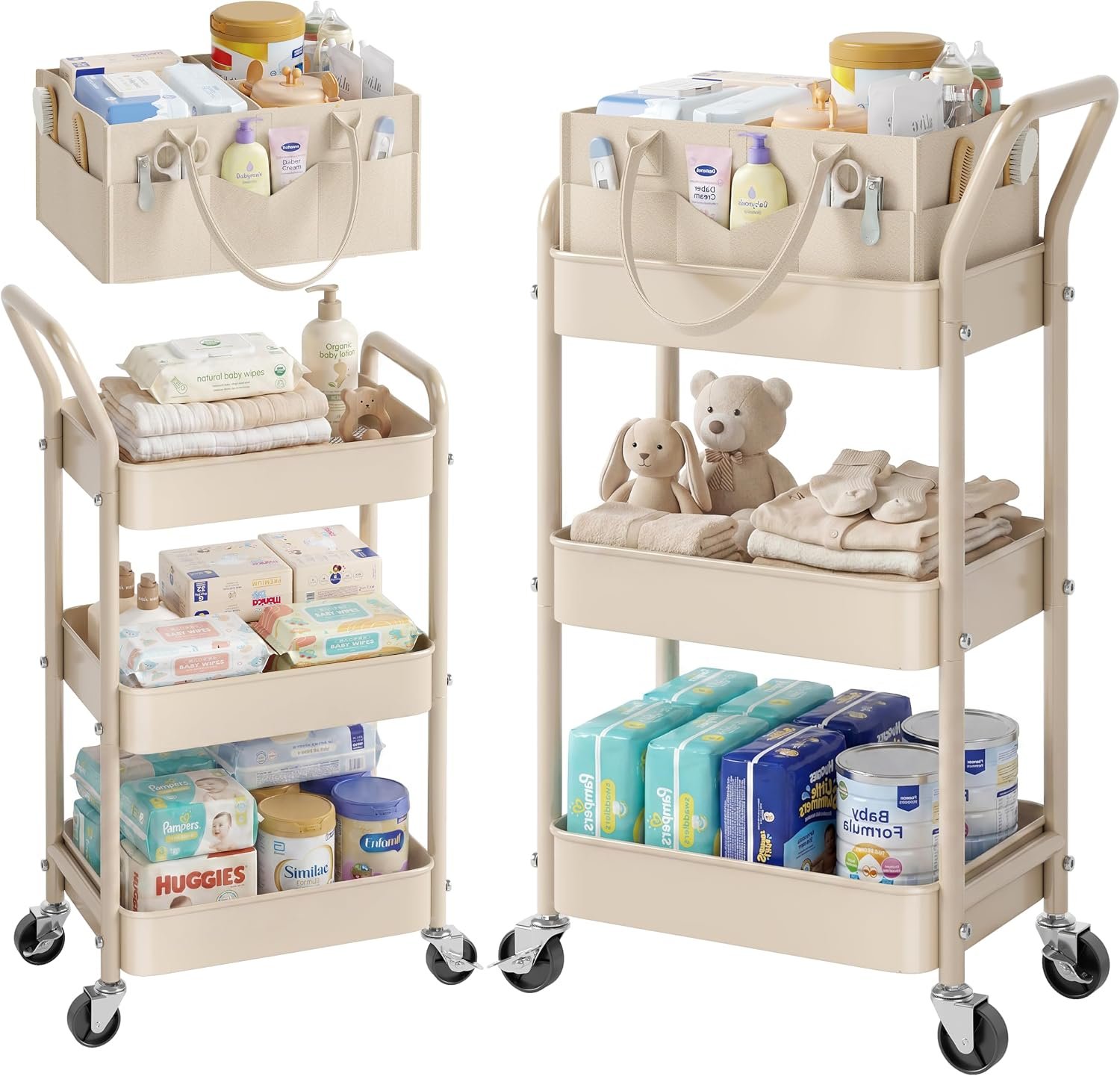 Baby Diaper Caddy Organizer Cart with Detachable Dividers, 3 Tier Metal Bedside Storage Rolling Cart with Wheels for Nursery, Postpartum Cart and Organizers for Newborn Essentials & Supplies (Oatmeal)