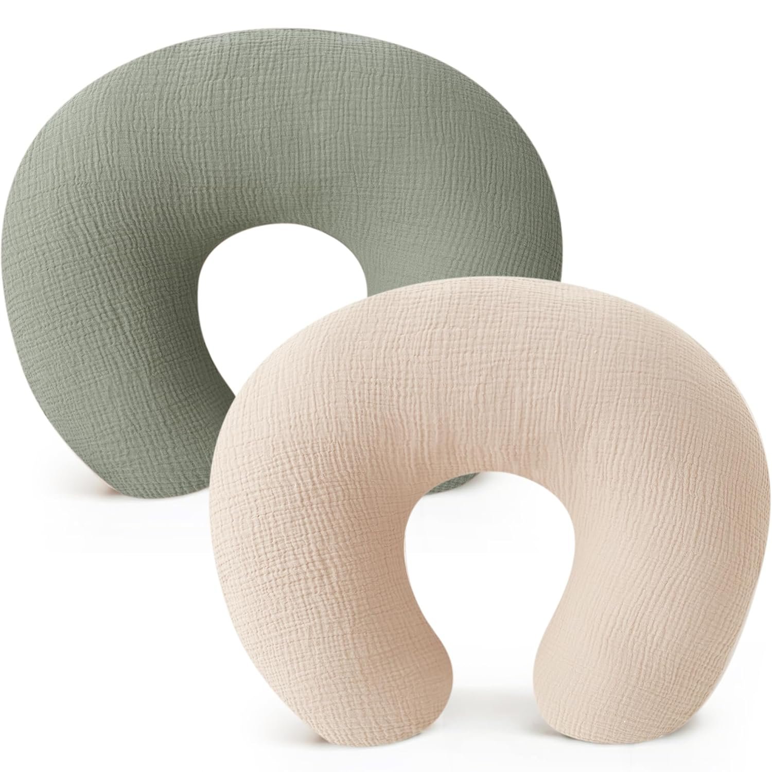 Konssy Muslin Nursing Pillow Covers, Soft and Cute Nursing Covers for Breastfeeding Pillows, Ideal for Newborn Baby Boys and Girls (Fog Green, Cream) – 2 Pack