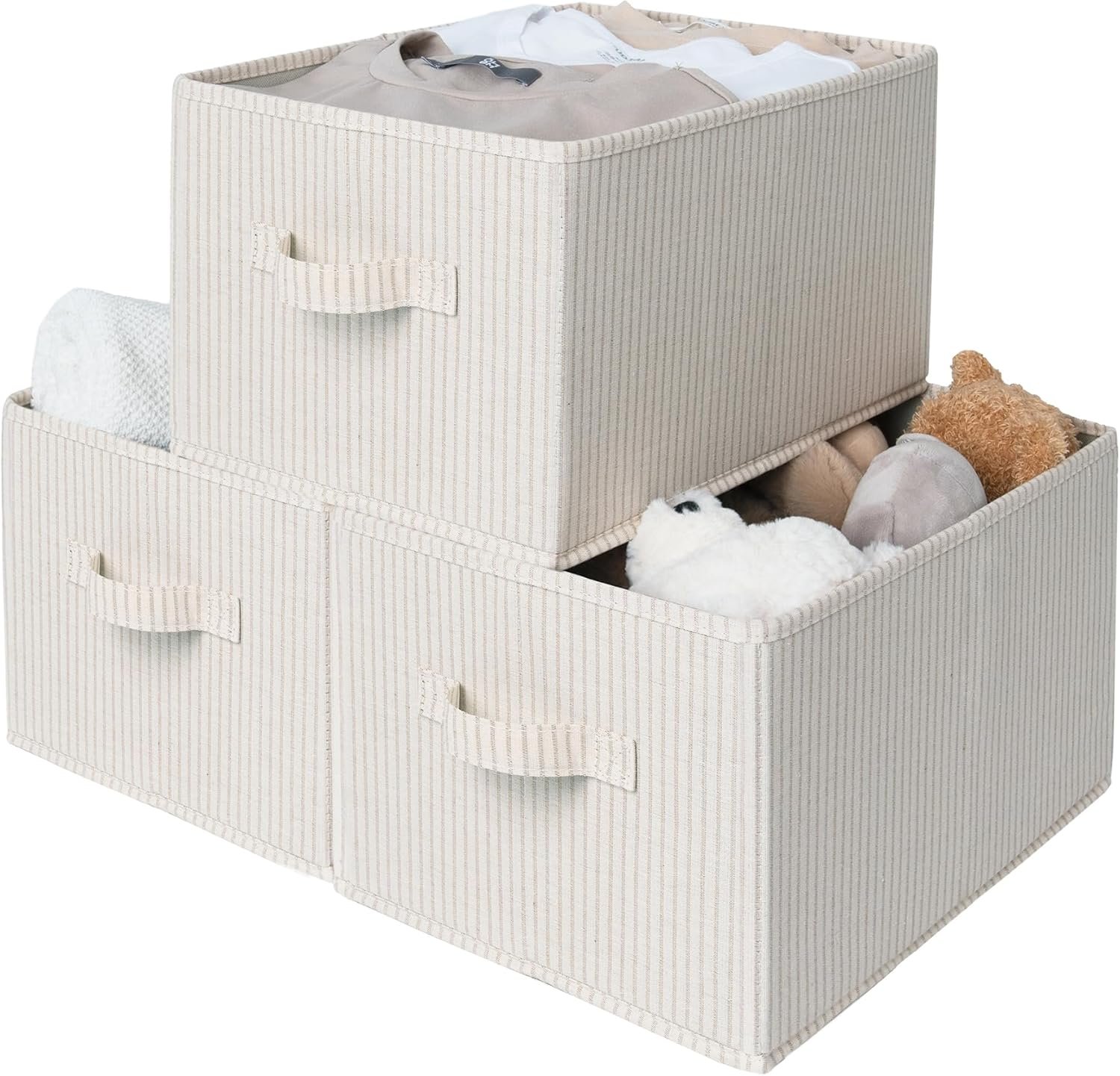 StorageWorks Foldable Shelf Organizer Bins, Closet Storage Baskets for Clothes, Fabric Storage Bins for Shelves, Beige Stripes, 3-Pack, Large
