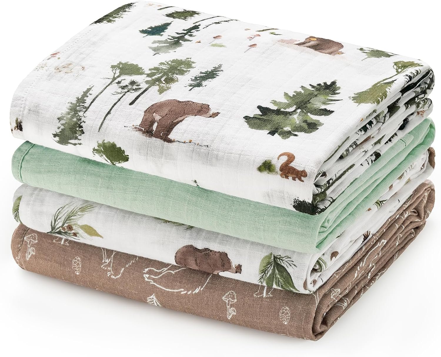 david’s kids 4 Pack Baby Muslin Swaddle Blankets, 100% Cotton and Ultra Soft Breathable Receiving Blanket Wrap for Boys Girls, New Born Essentials, Large 47 x 47 inches, Woodland Animals/Green