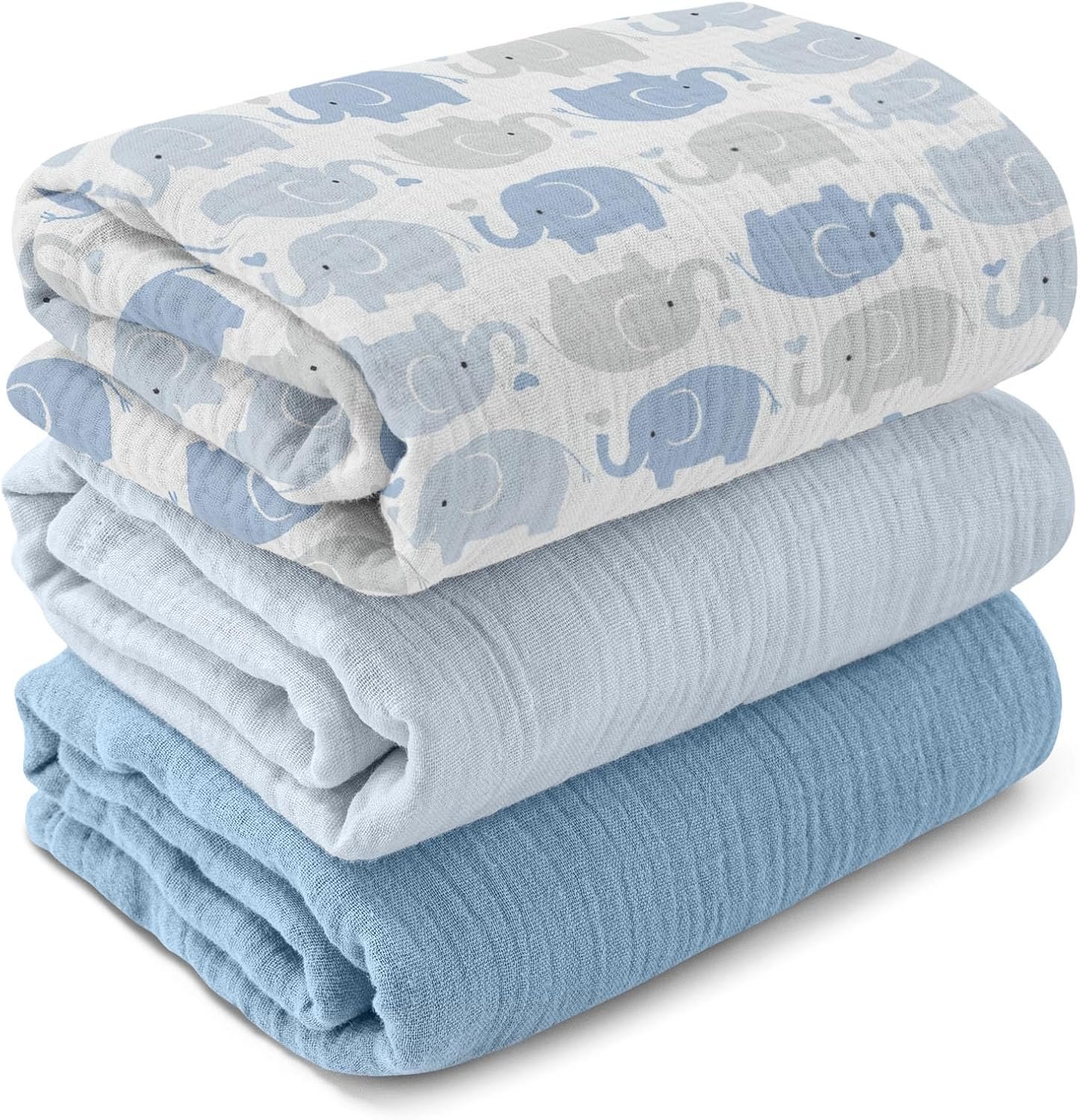 Muslin Swaddle Blankets for Newborn, 3-Pack Cotton Receiving Blankets, Large 40 x 38 inches, Baby Blankets for Boys and Girls, Wrap Burp Cloths, Registry Essentials, Shower Gifts, Elephant & Blue