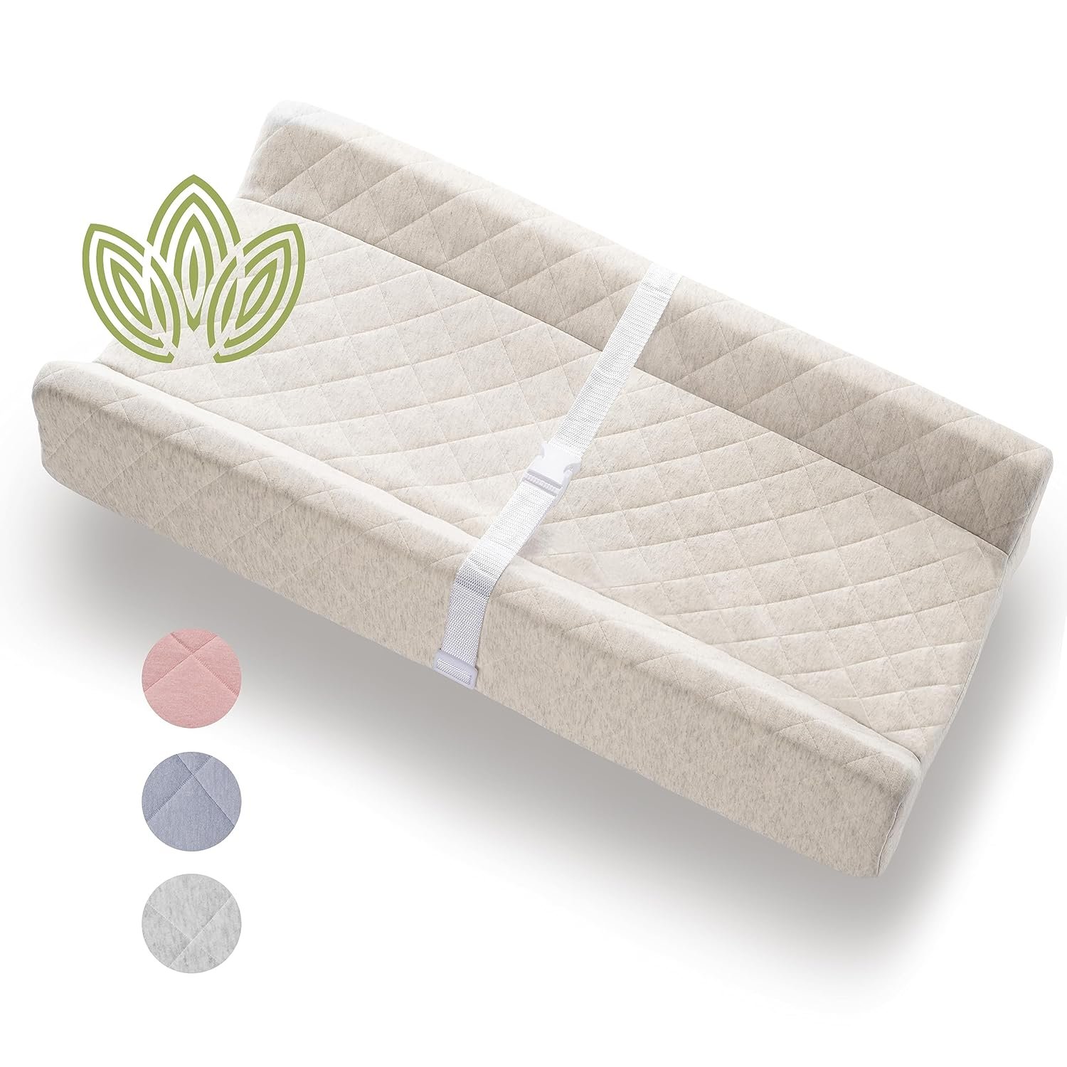 Organic Cotton Covered Contoured Baby Changing Pad | Waterproof Foam Mattress, Soft, Removable & Washable Cover, Safety Strap, Non-Slip Bottom, Topper for Standard Size Infant Diaper Table & Dresser