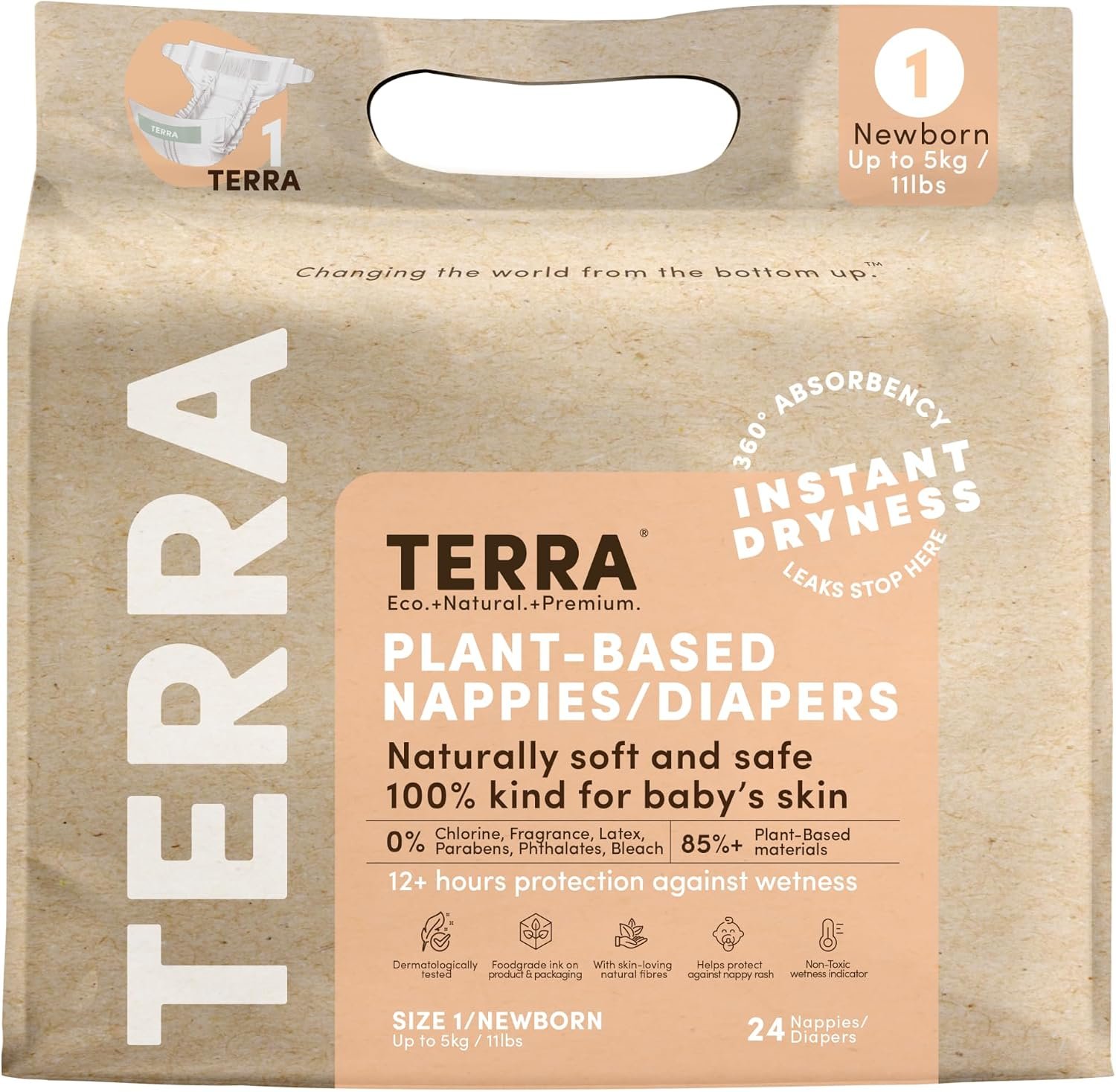 Terra Diapers Size 1 Newborn: 85% Plant-Based Diapers, Ultra-Soft & Chemical-Free for Sensitive Skin, Superior Absorbency for Day or Nighttime Diapers, Designed for Newborns up to 11 Pounds, 24 Count