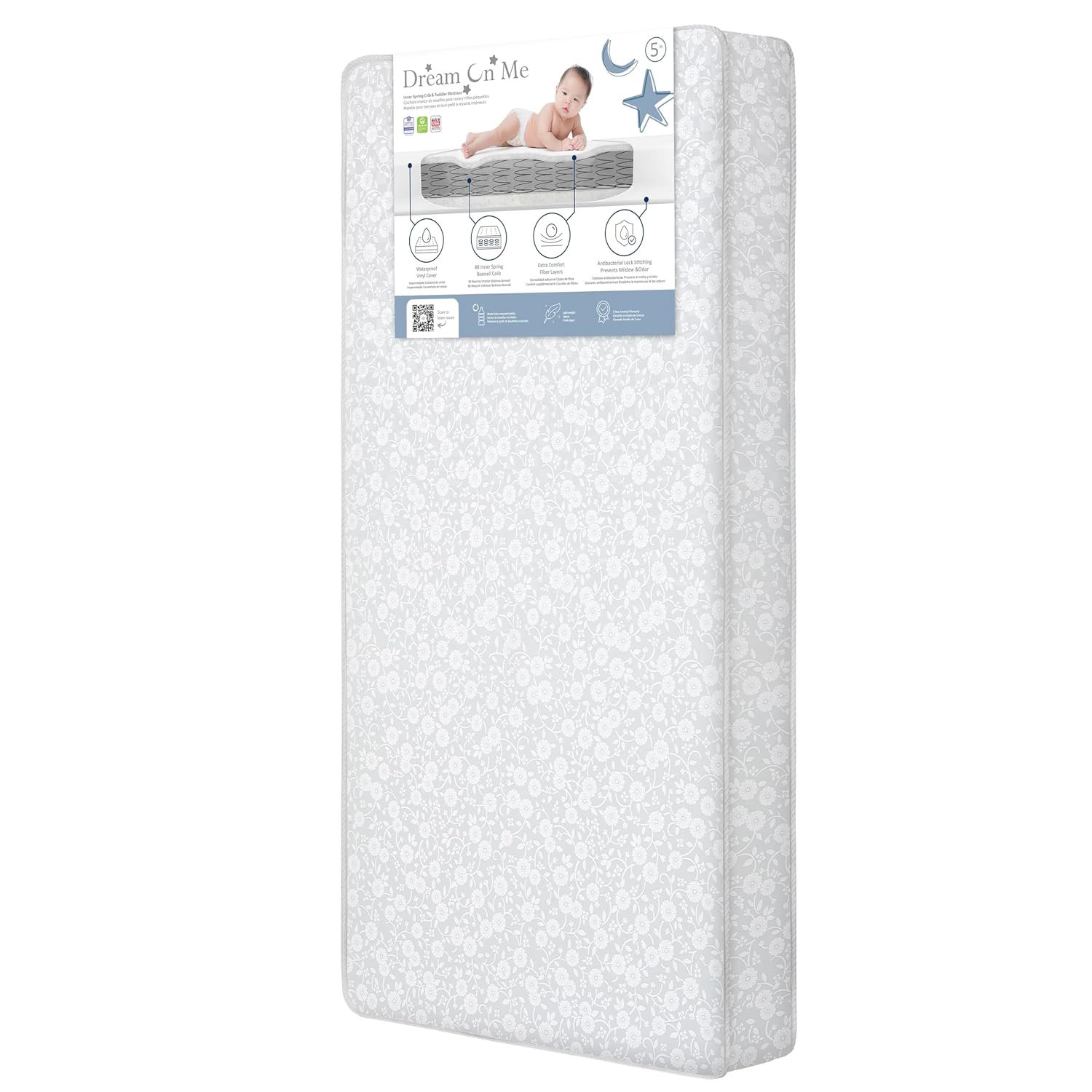 Dream On Me Nap Nest Crib and Toddler Mattress, Dual-Sided – Infants & Toddlers, Waterproof 5” Mattress with 88 Interwoven Coils, 75% Recycled Fiber, GREENGUARD Gold & BSA Certified – Daisy Dreams