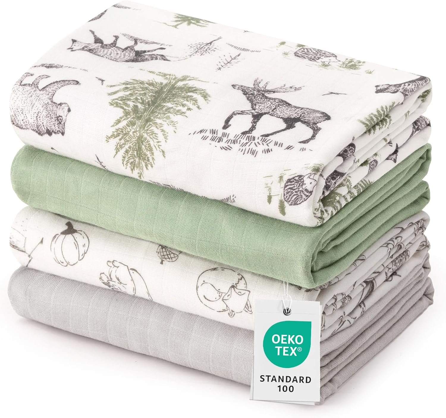david’s kids Muslin Swaddle Blankets, 4 Pack Organic Cotton Baby Blankets, Breathable Soft Receiving Blanket for Boys Girls, Newborn Essentials, Large 47 x 47 inches, Animal & Forest