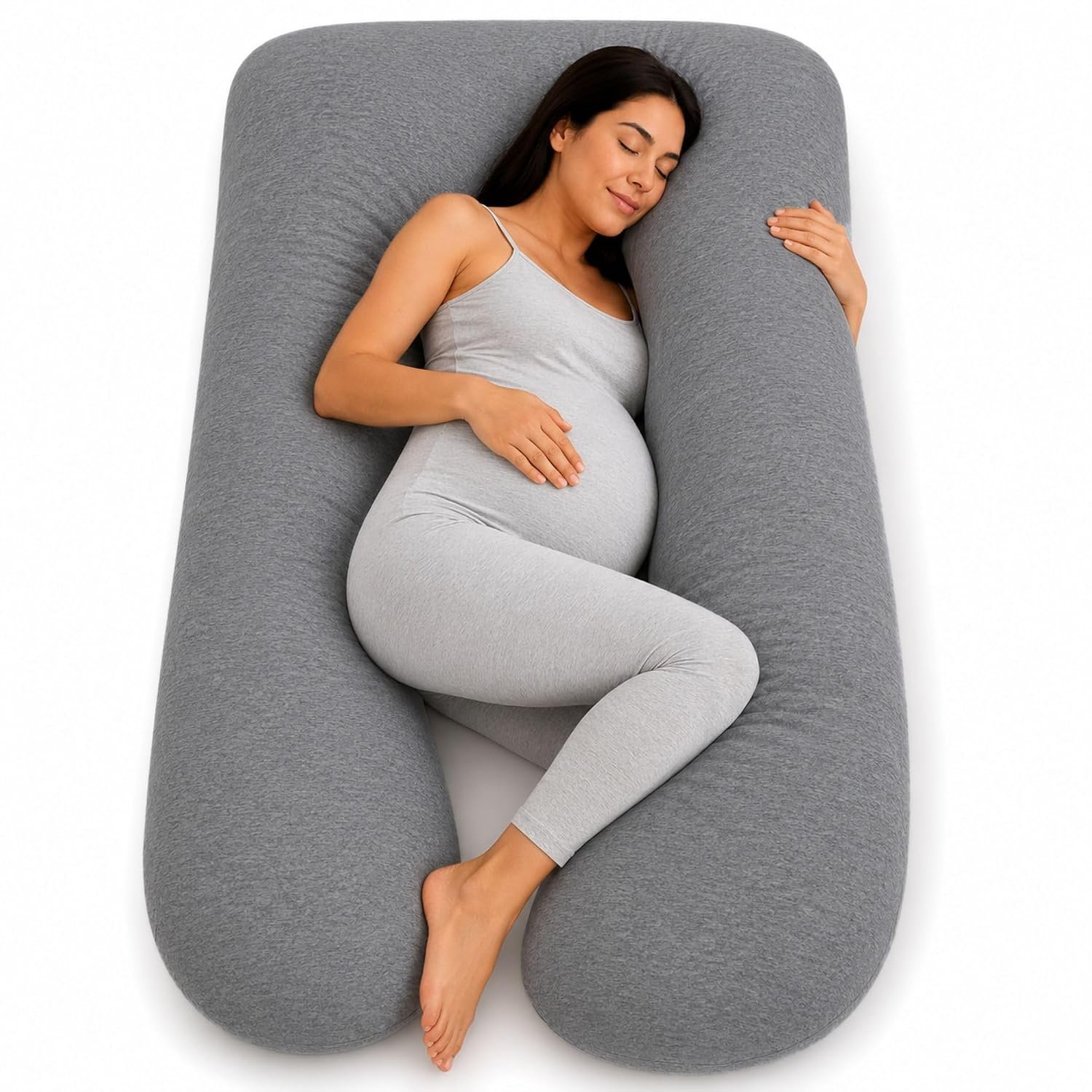 U-Shaped Pregnancy Pillow – 100% Cotton Cover, Full Body Maternity Support for Belly, Back and Legs – Bonus Eye Mask and Gift Box (Dark Grey)